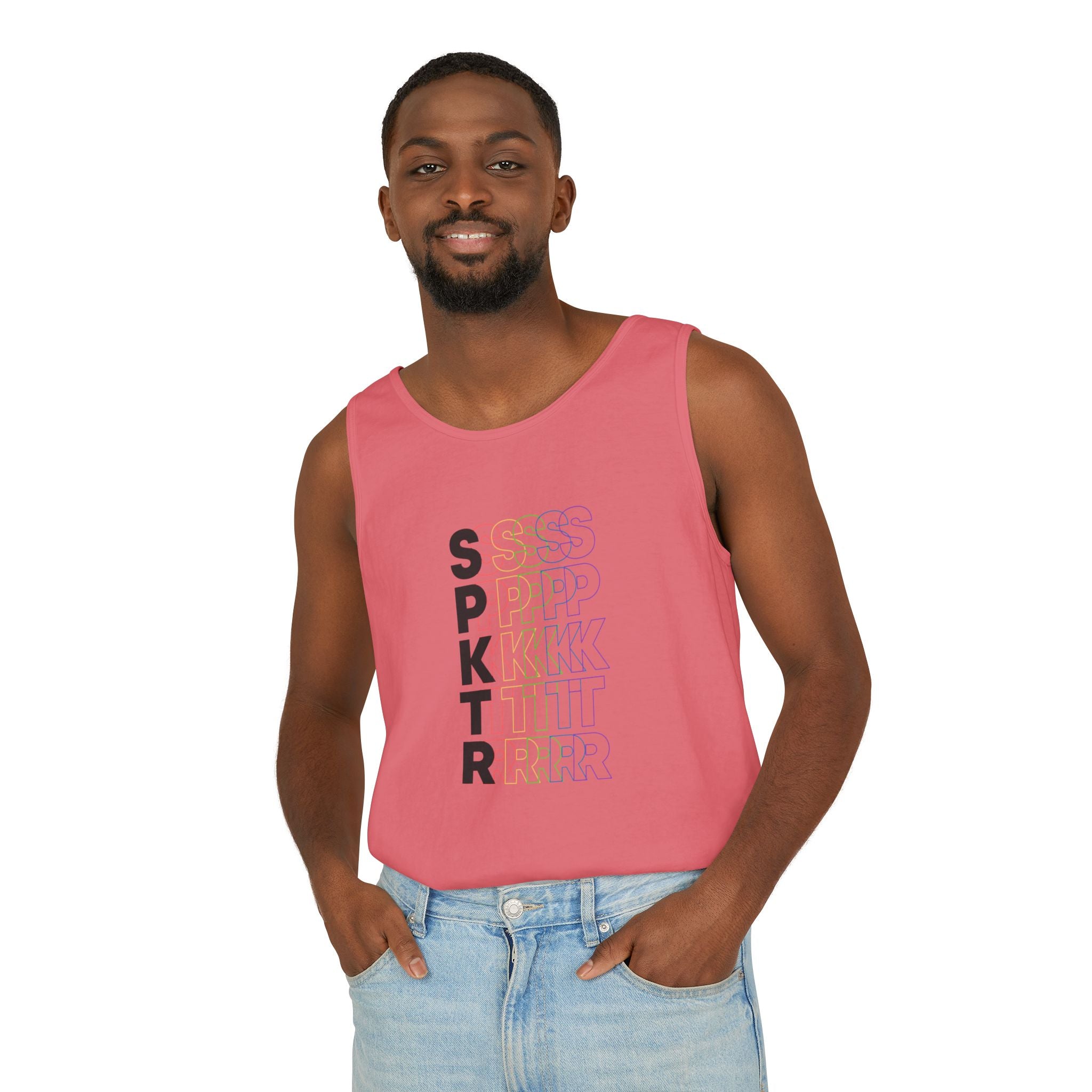 Pepper graphic tank top featuring the SPKTR Pride rainbow design celebrating neurodiversity and LGBTQIA+ pride.