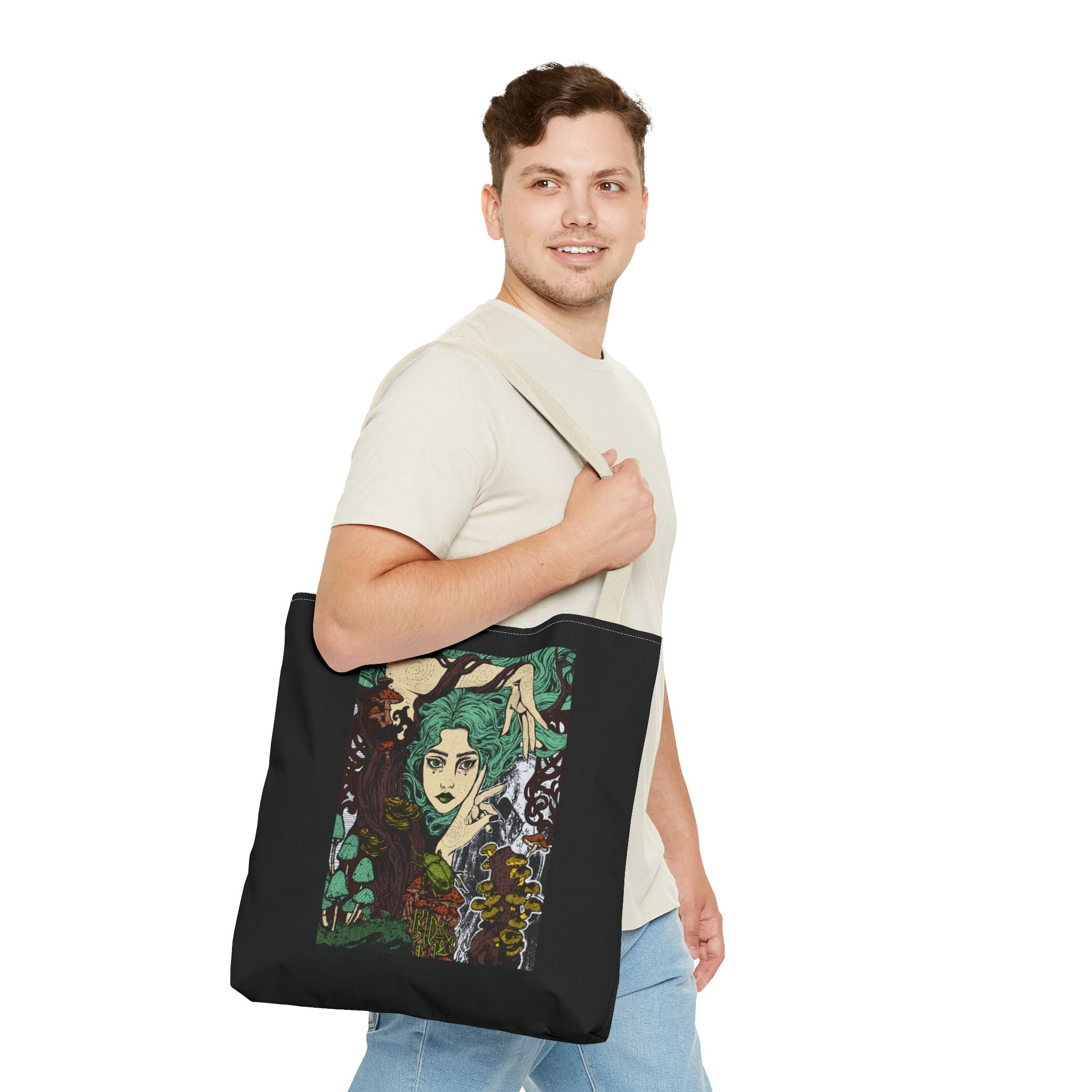 16" x 16 in White-handle tote bag featuring Aquela que Germina na Morte dark-fantasy woman and woodland artwork by Anna Aguiar.