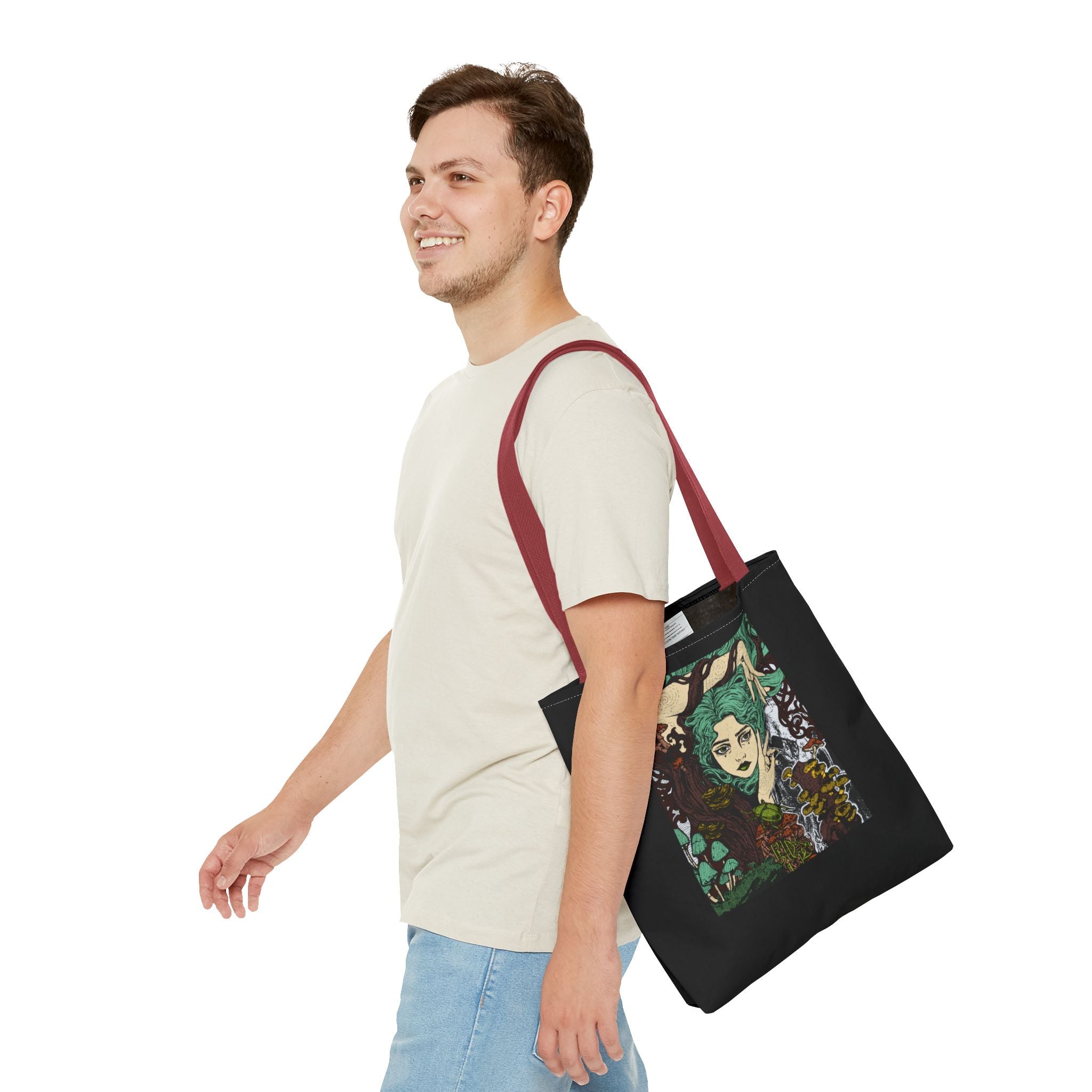 18" x 18 in Red-handle tote bag featuring Aquela que Germina na Morte dark-fantasy woman and woodland artwork by Anna Aguiar.