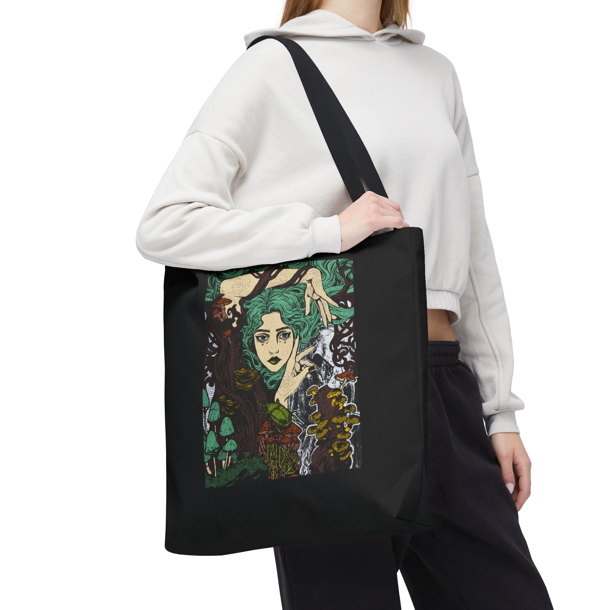 13" x 13 in Black-handle tote bag featuring Aquela que Germina na Morte dark-fantasy woman and woodland artwork by Anna Aguiar.