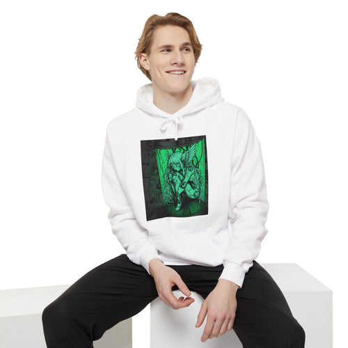 Denim hoodie featuring Angel Cyborg I green cybernetic angel artwork by Anna Aguiar.