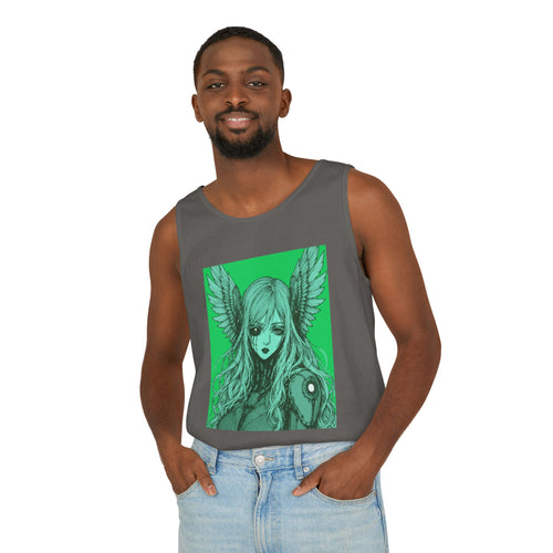 Black graphic tank top featuring Angel Cyborg I green cybernetic angel artwork by Anna Aguiar.