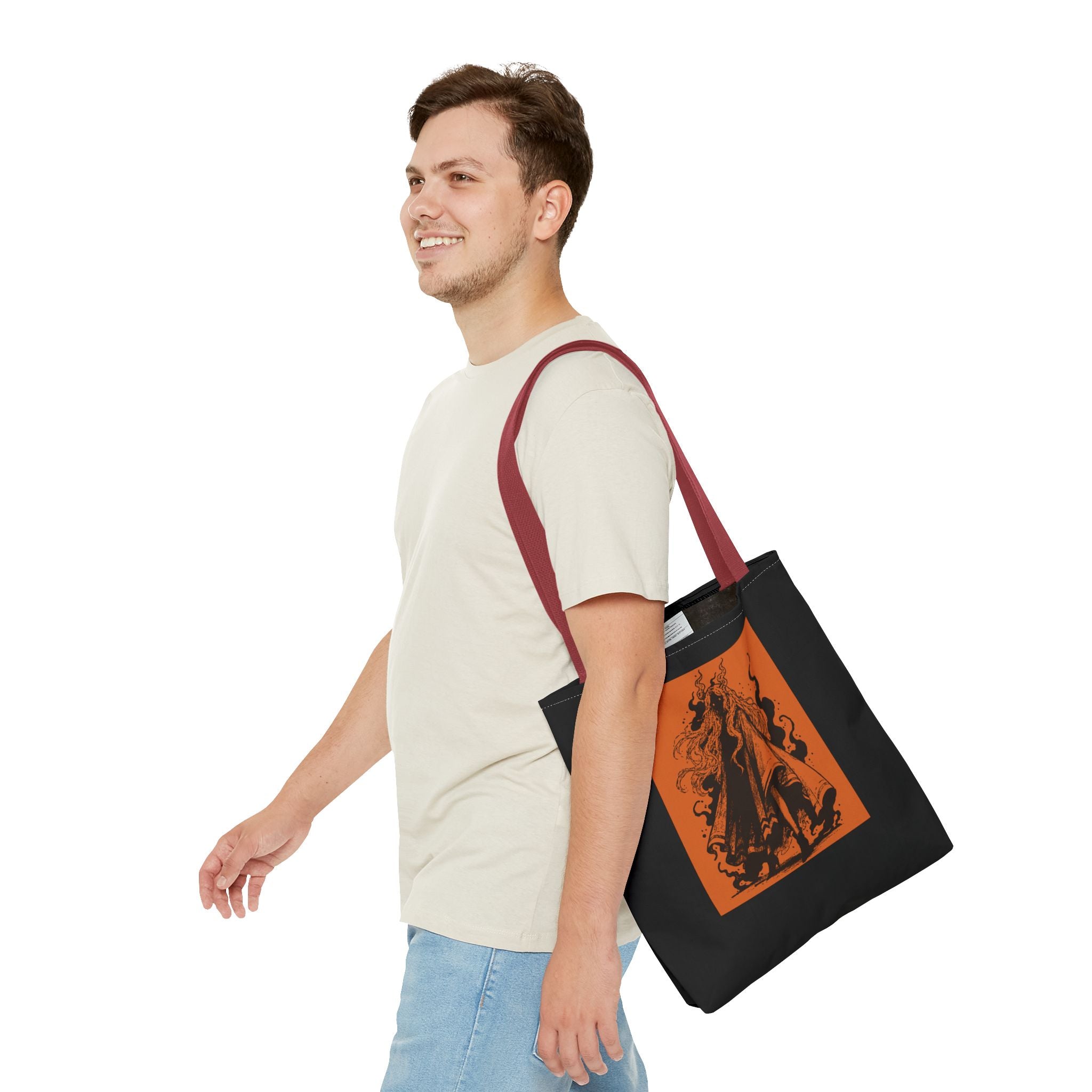 18" x 18 in Red-handle tote bag featuring The Void black-and-orange surreal angel artwork by Anna Aguiar.