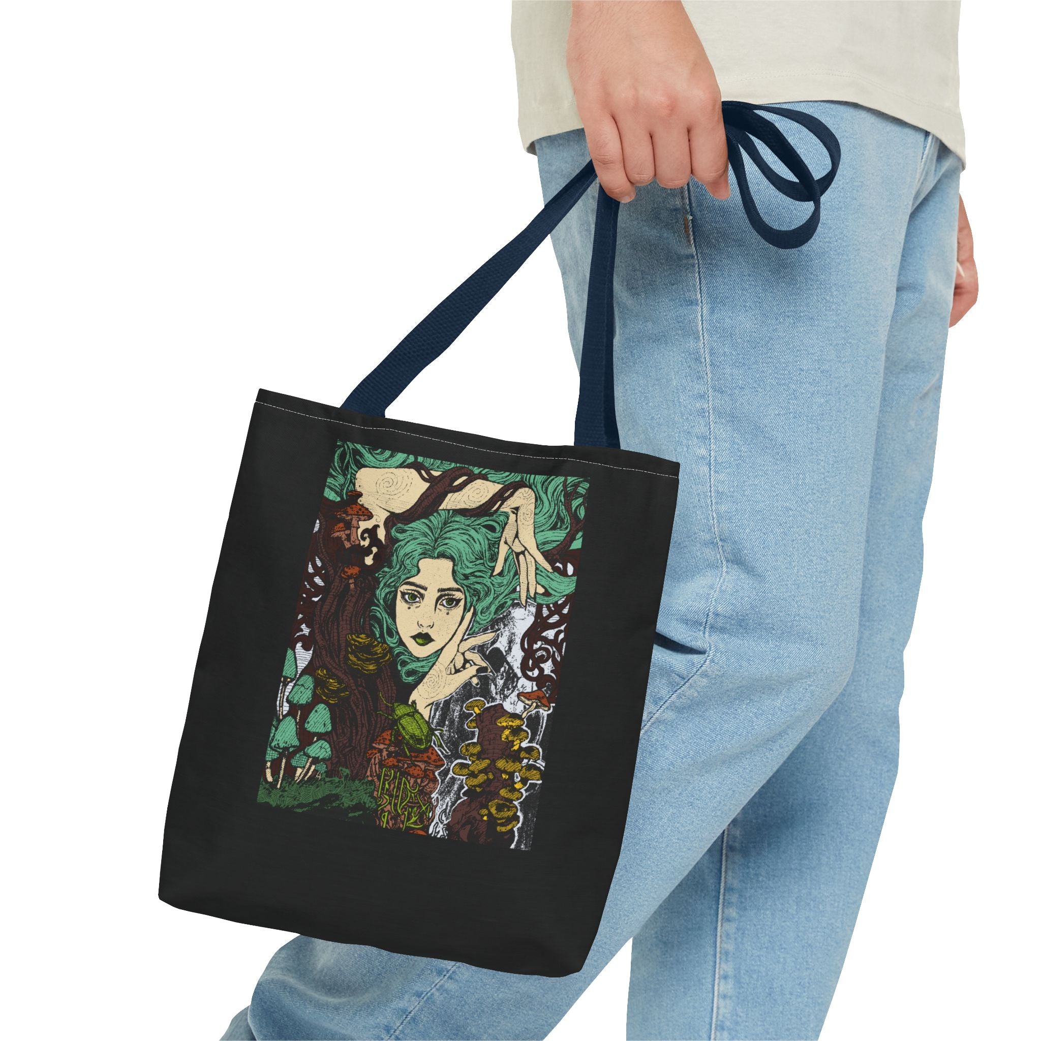 16" x 16 in Beige-handle tote bag featuring Aquela que Germina na Morte dark-fantasy woman and woodland artwork by Anna Aguiar.