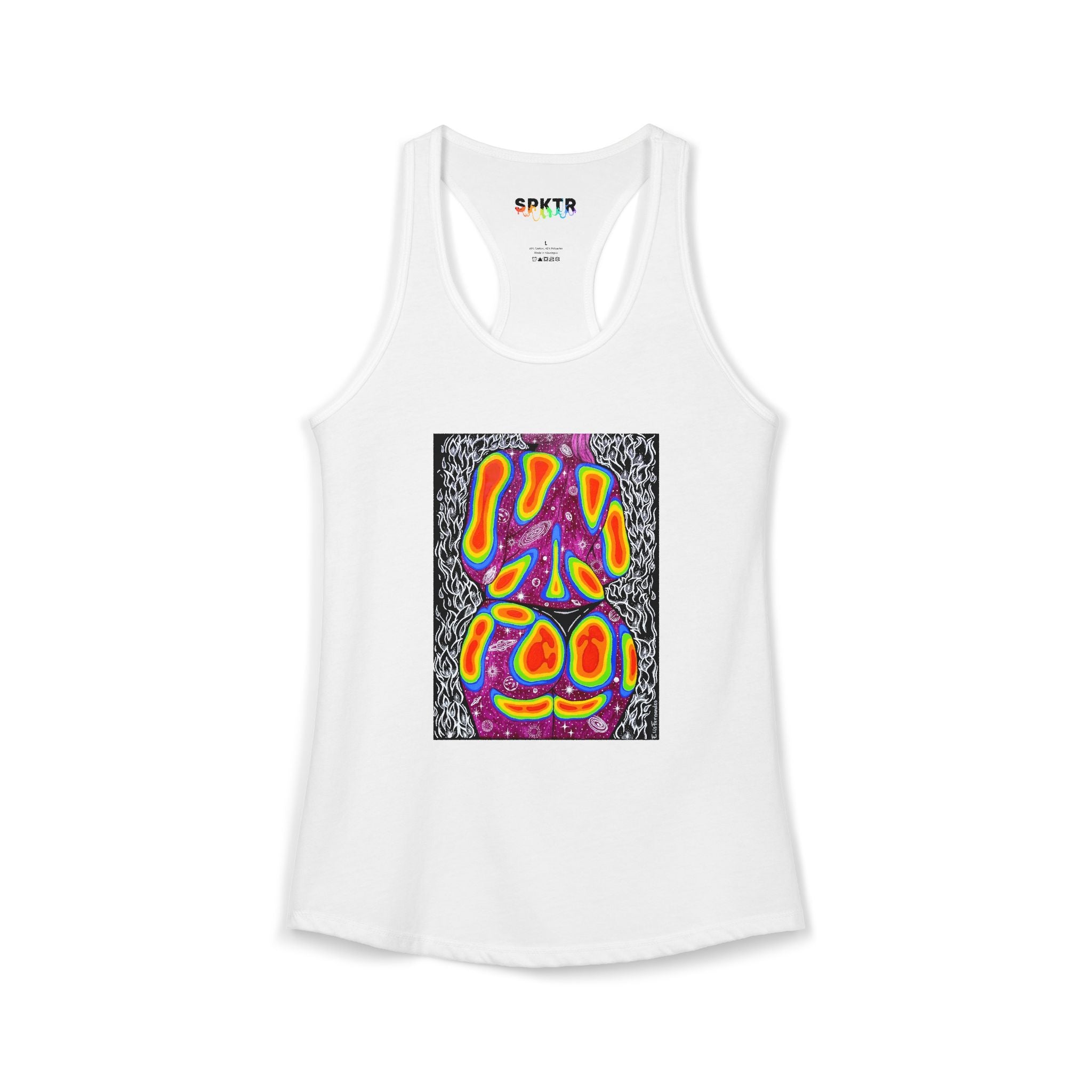 Solid Hot Pink women's racerback tank top featuring Mulher, Um Universo cosmic portrait artwork by Elis Fernandes.