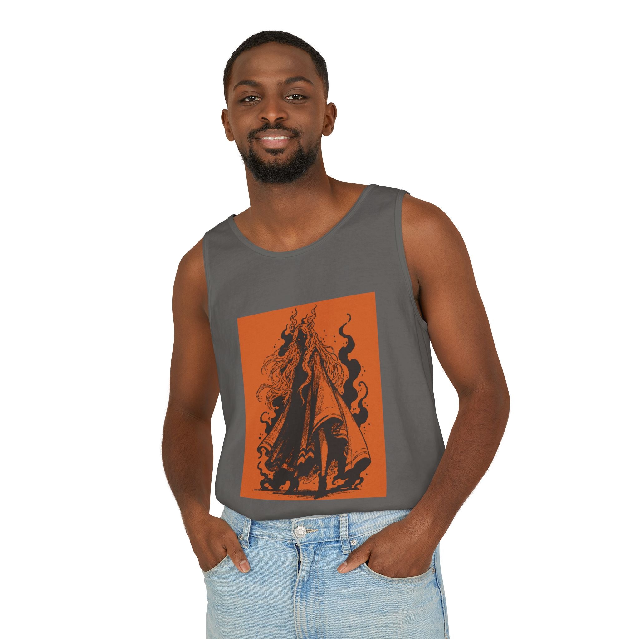 Black graphic tank top featuring The Void black-and-orange surreal angel artwork by Anna Aguiar.