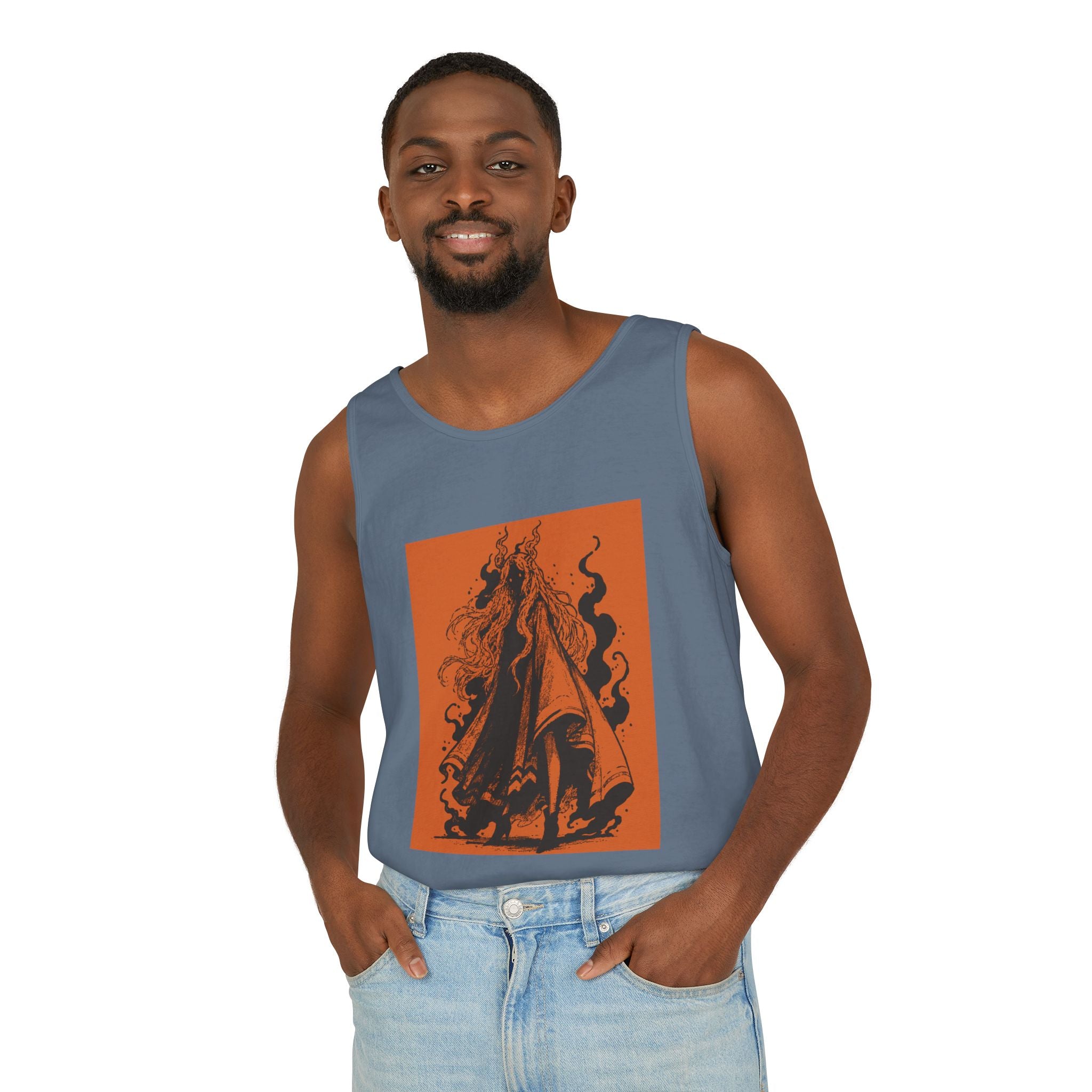 Denim graphic tank top featuring The Void black-and-orange surreal angel artwork by Anna Aguiar.