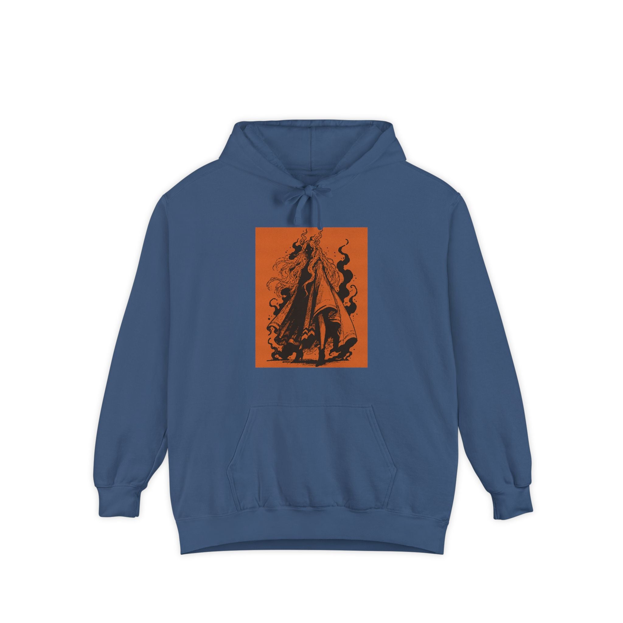 White hoodie featuring The Void black-and-orange surreal angel artwork by Anna Aguiar.