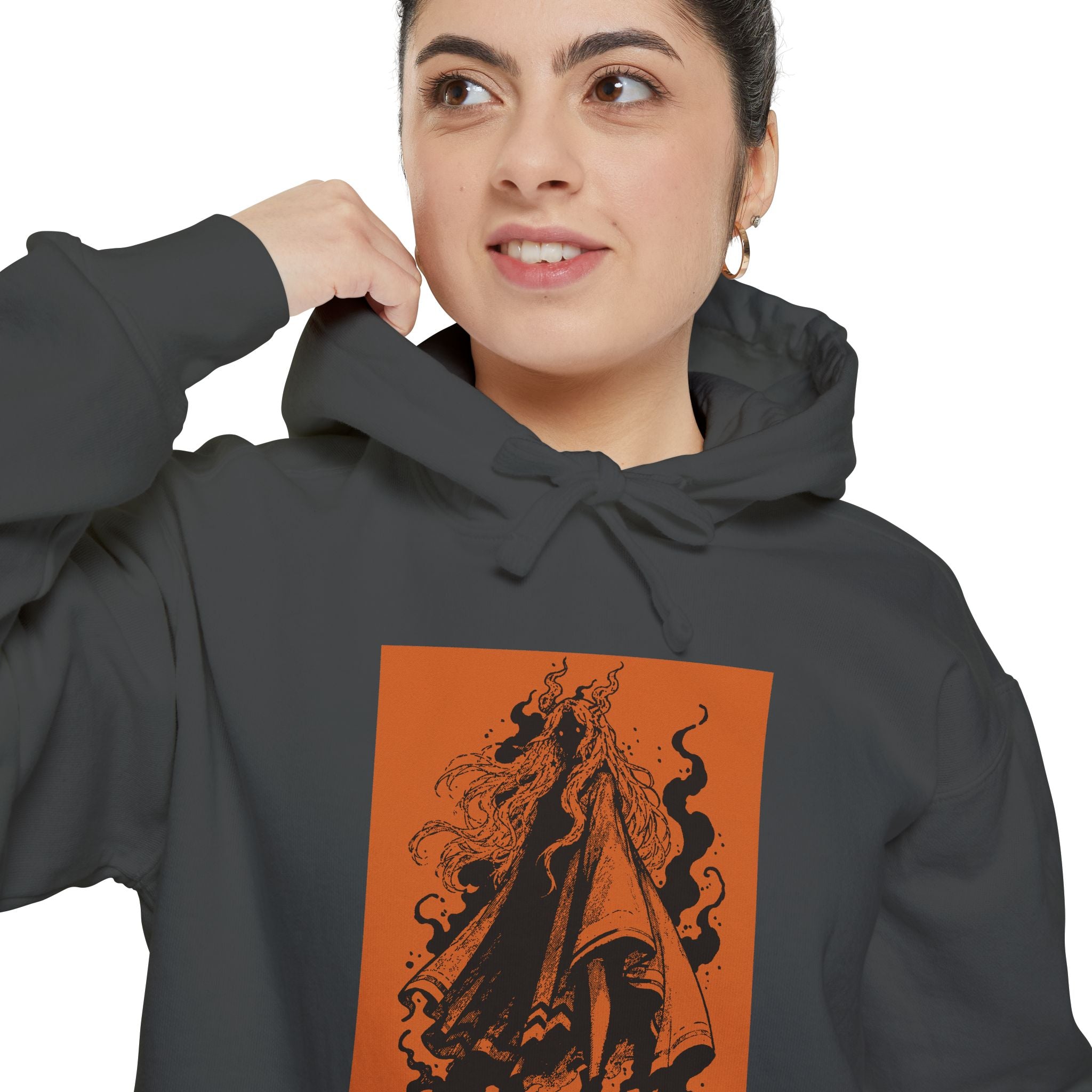 The Void, Design by Anna Aguiar Brazilian Neurodiverse Artist. Strong organe and black contrasting colors on a hoodie.