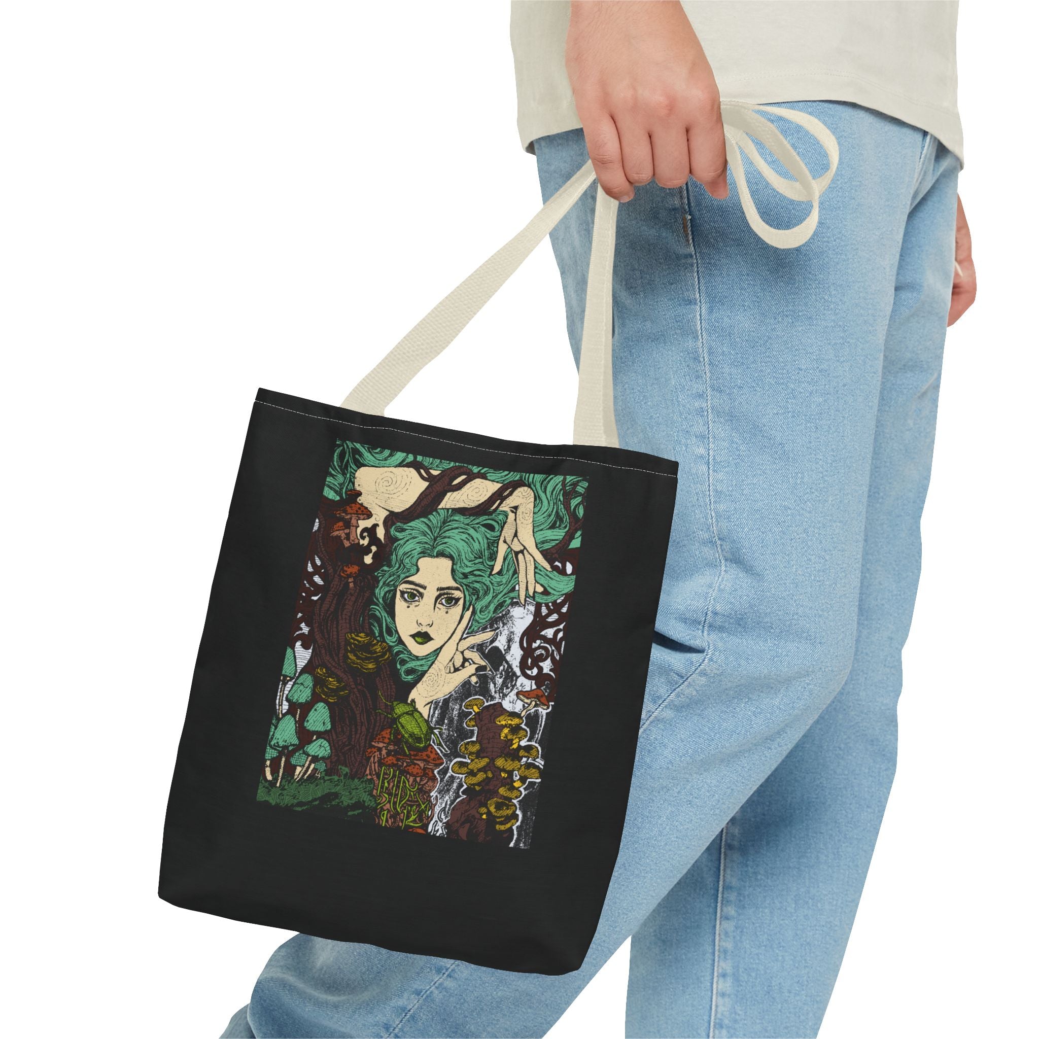 16" x 16 in Red-handle tote bag featuring Aquela que Germina na Morte dark-fantasy woman and woodland artwork by Anna Aguiar.