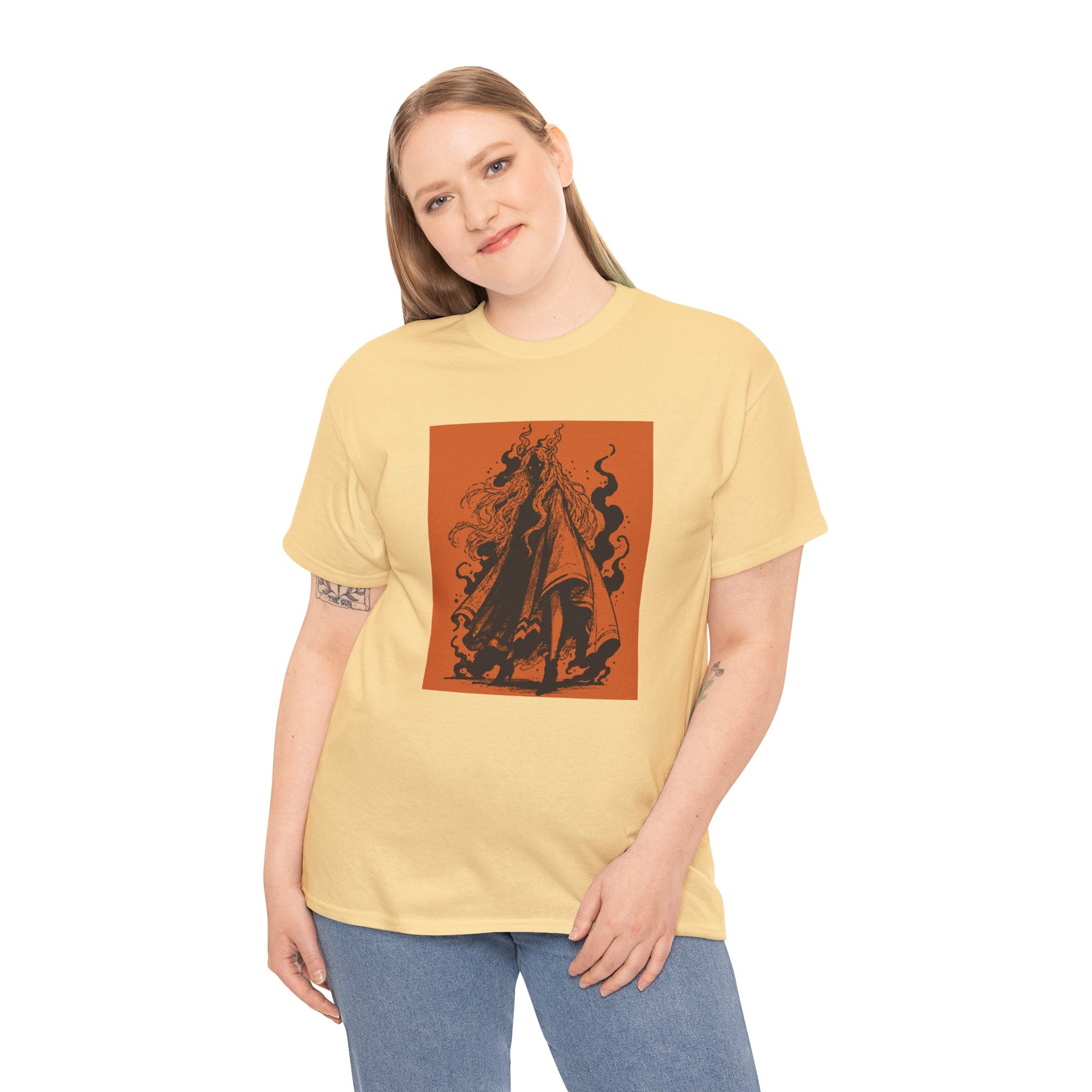 Tweed T-shirt featuring The Void black-and-orange surreal angel artwork by Anna Aguiar.