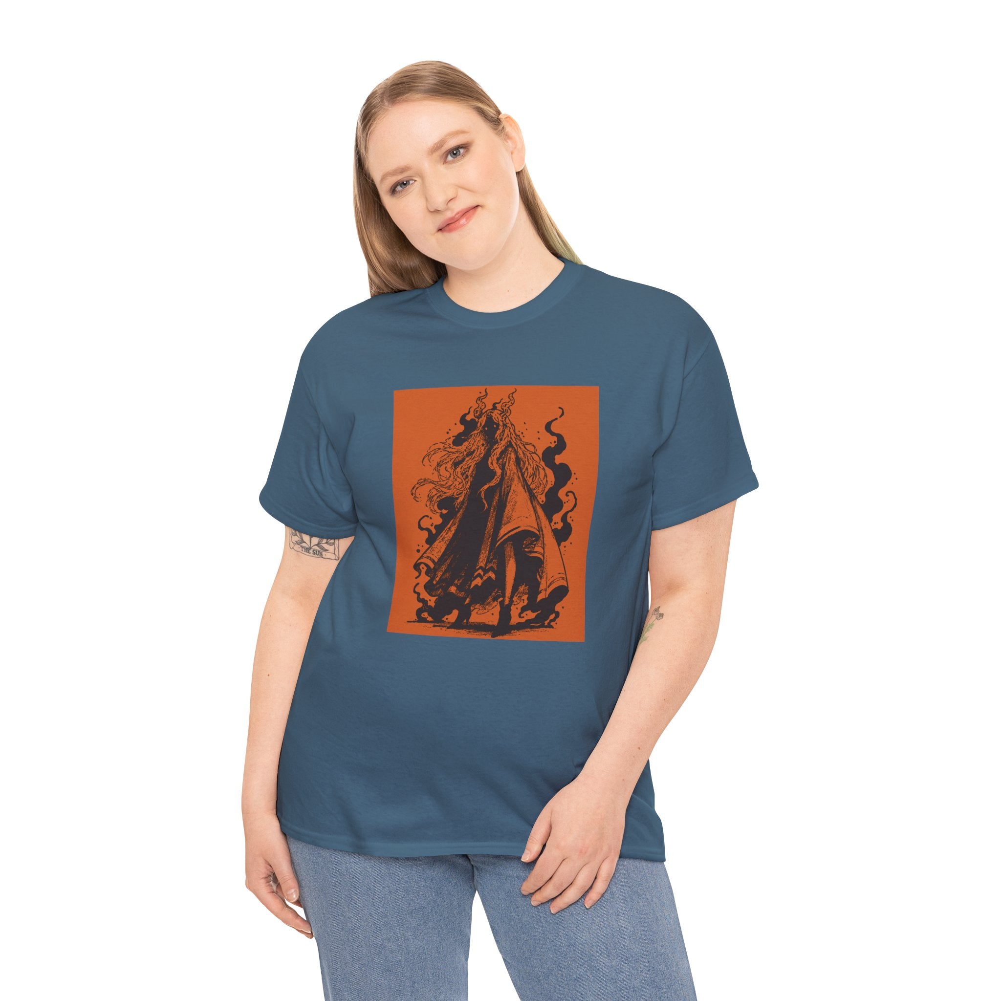 Lilac T-shirt featuring The Void black-and-orange surreal angel artwork by Anna Aguiar.