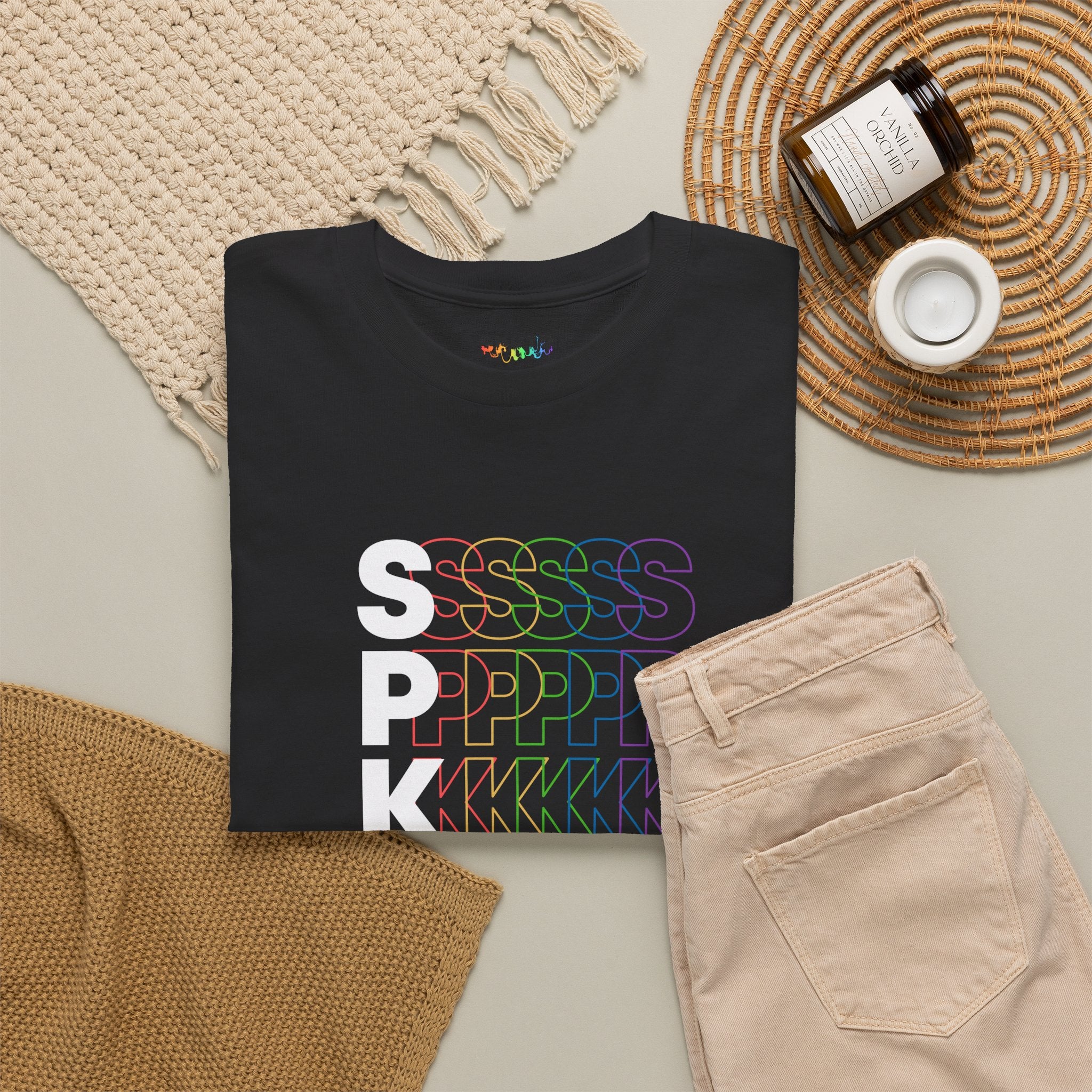 Berry T-shirt featuring the SPKTR Pride rainbow design celebrating neurodiversity and LGBTQIA+ pride.