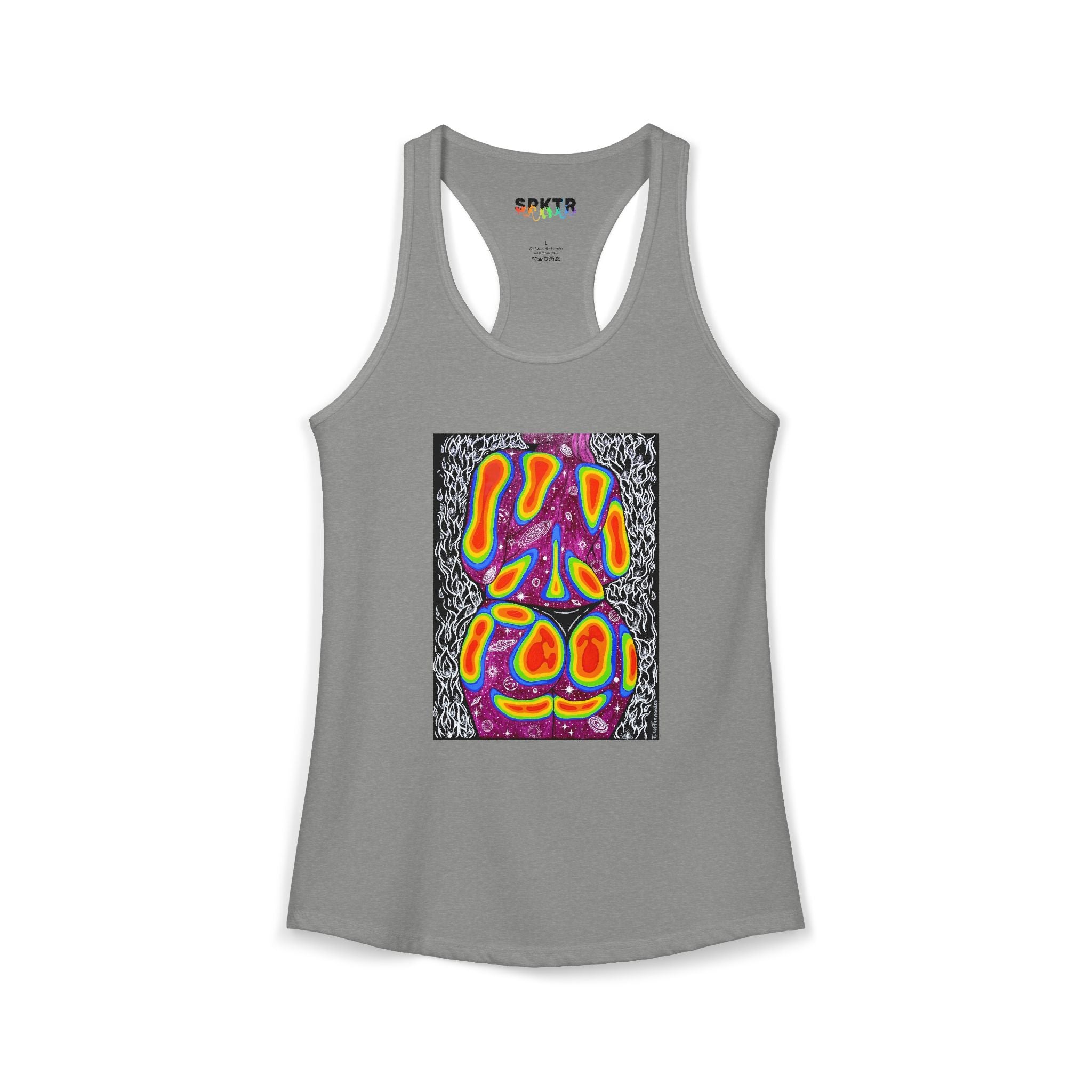 Heather Grey women's racerback tank top featuring Mulher, Um Universo cosmic portrait artwork by Elis Fernandes.
