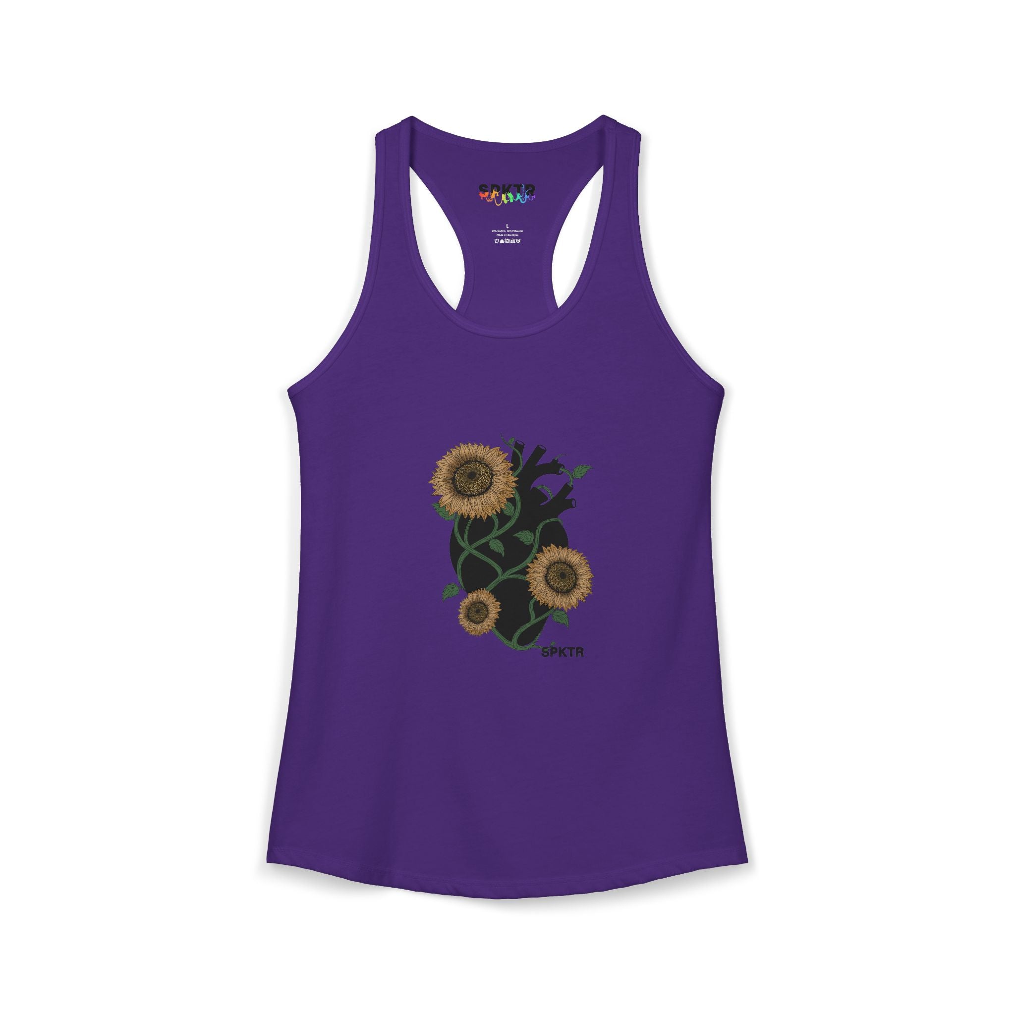 Solid White women's racerback tank top featuring the Florescer sunflower-and-heart neurodiversity design.