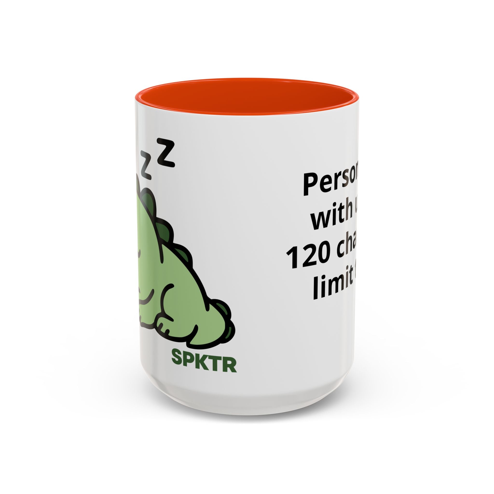 15 oz Orange-accent personalized accent coffee mug featuring Sleepy Teeny-Rex cute sleeping dinosaur illustration.