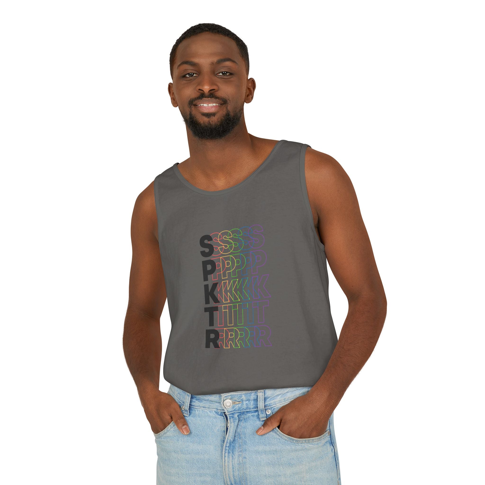 Light Green graphic tank top featuring the SPKTR Pride rainbow design celebrating neurodiversity and LGBTQIA+ pride.