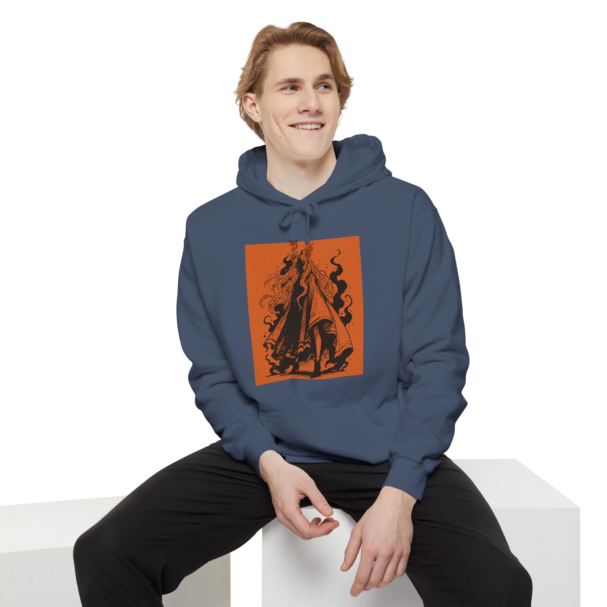 Seafoam hoodie featuring The Void black-and-orange surreal angel artwork by Anna Aguiar.