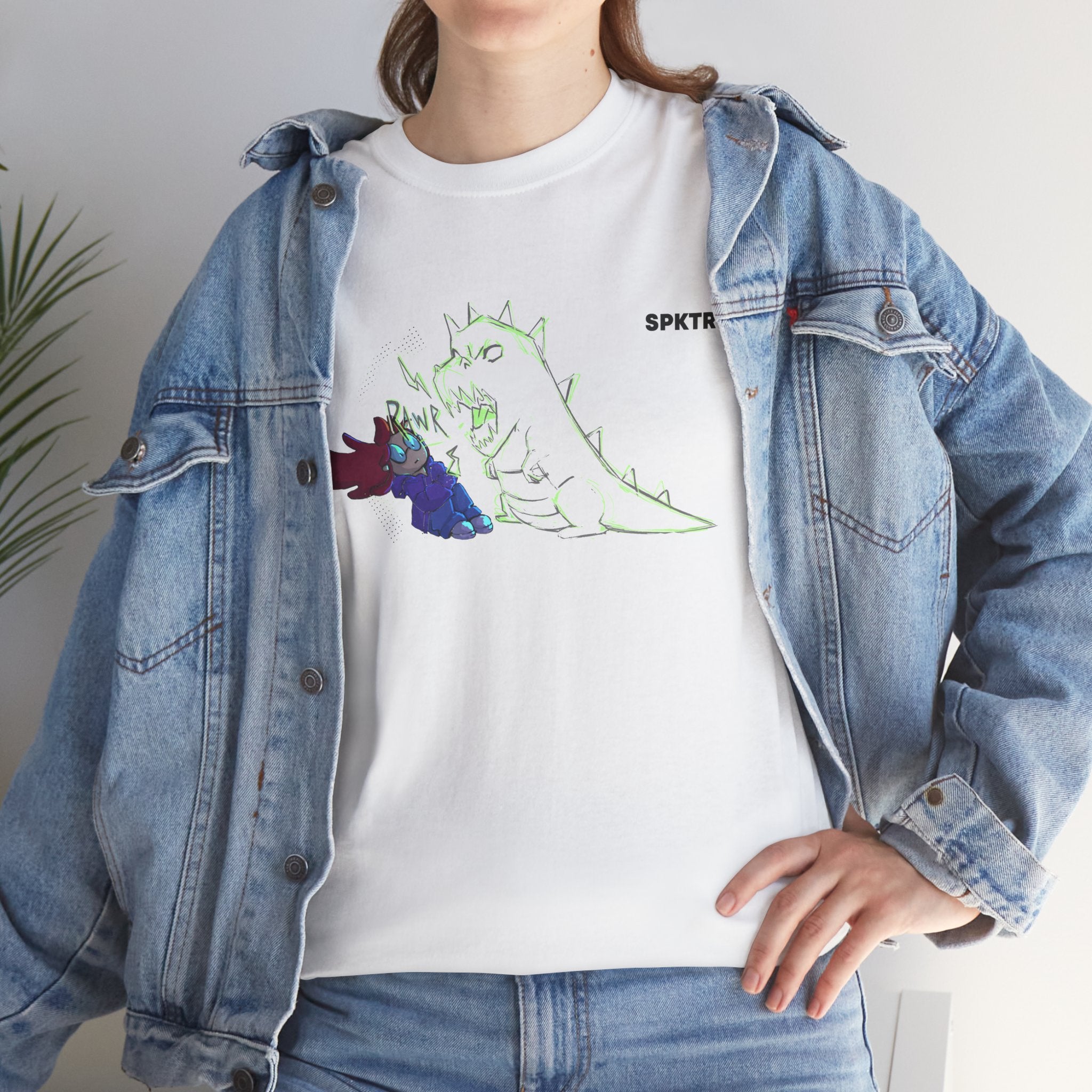 Berry T-shirt featuring RAWR! girl and roaring T-Rex artwork by Leticia Ribeiro.