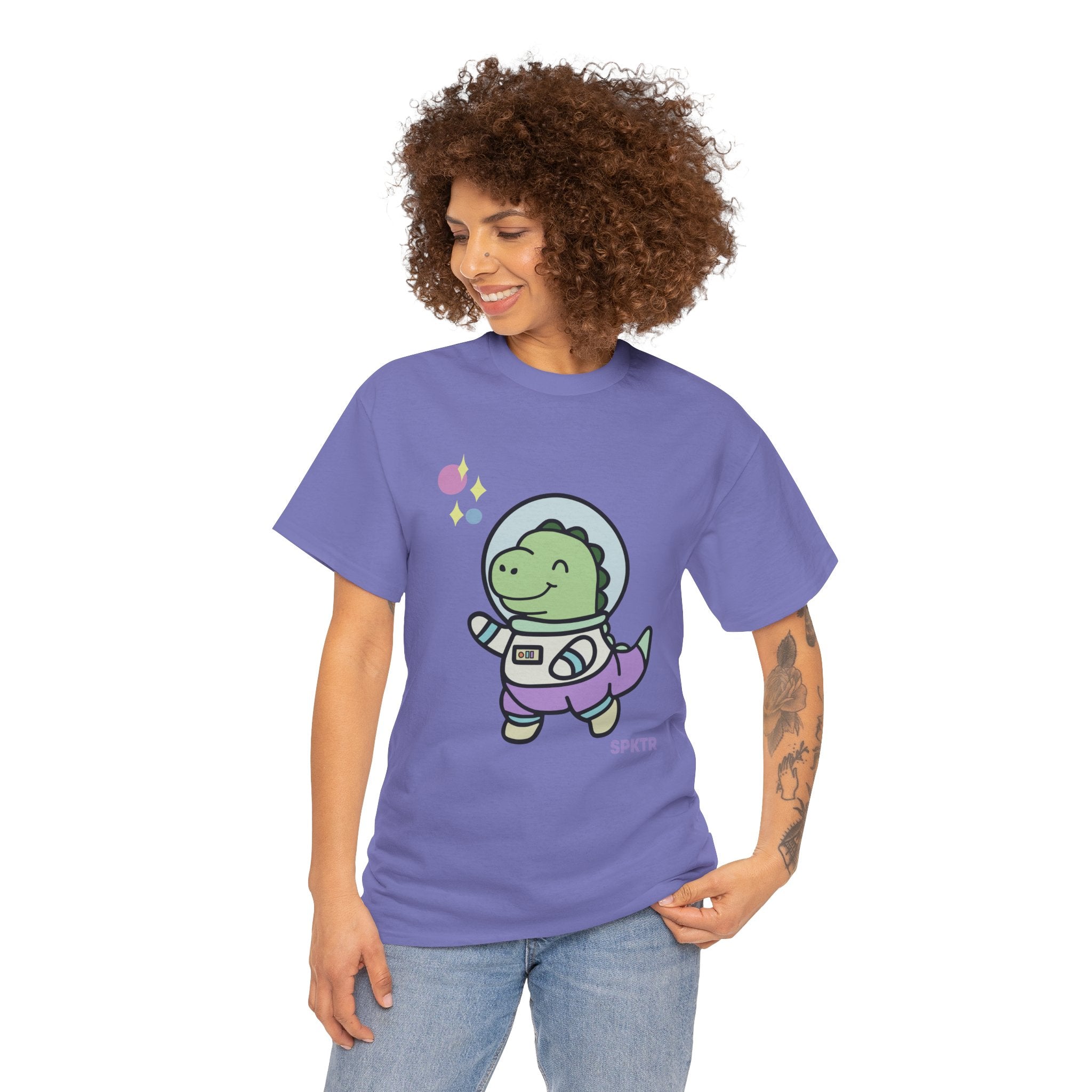Cardinal Red T-shirt featuring Astronauta, a smiling Teeny-Rex dinosaur floating through space.