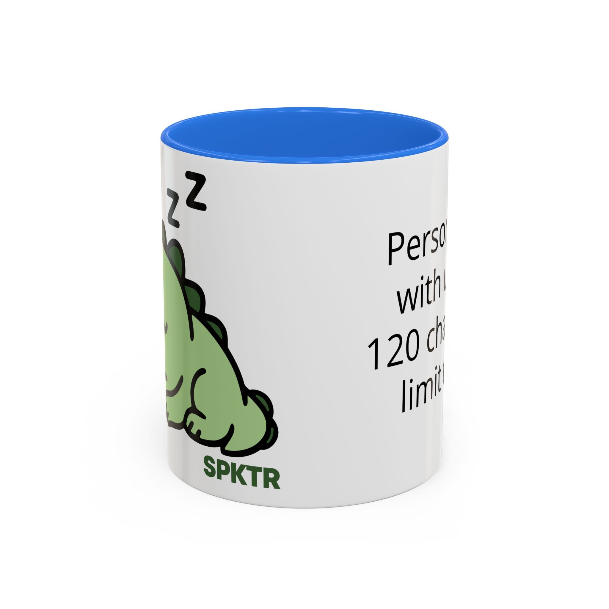 11 oz Golden Yellow-accent personalized accent coffee mug featuring Sleepy Teeny-Rex cute sleeping dinosaur illustration.