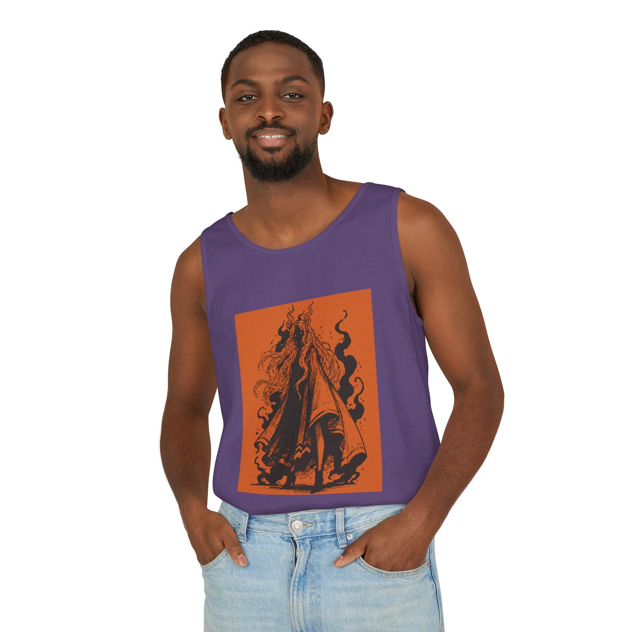 Island Reef graphic tank top featuring The Void black-and-orange surreal angel artwork by Anna Aguiar.