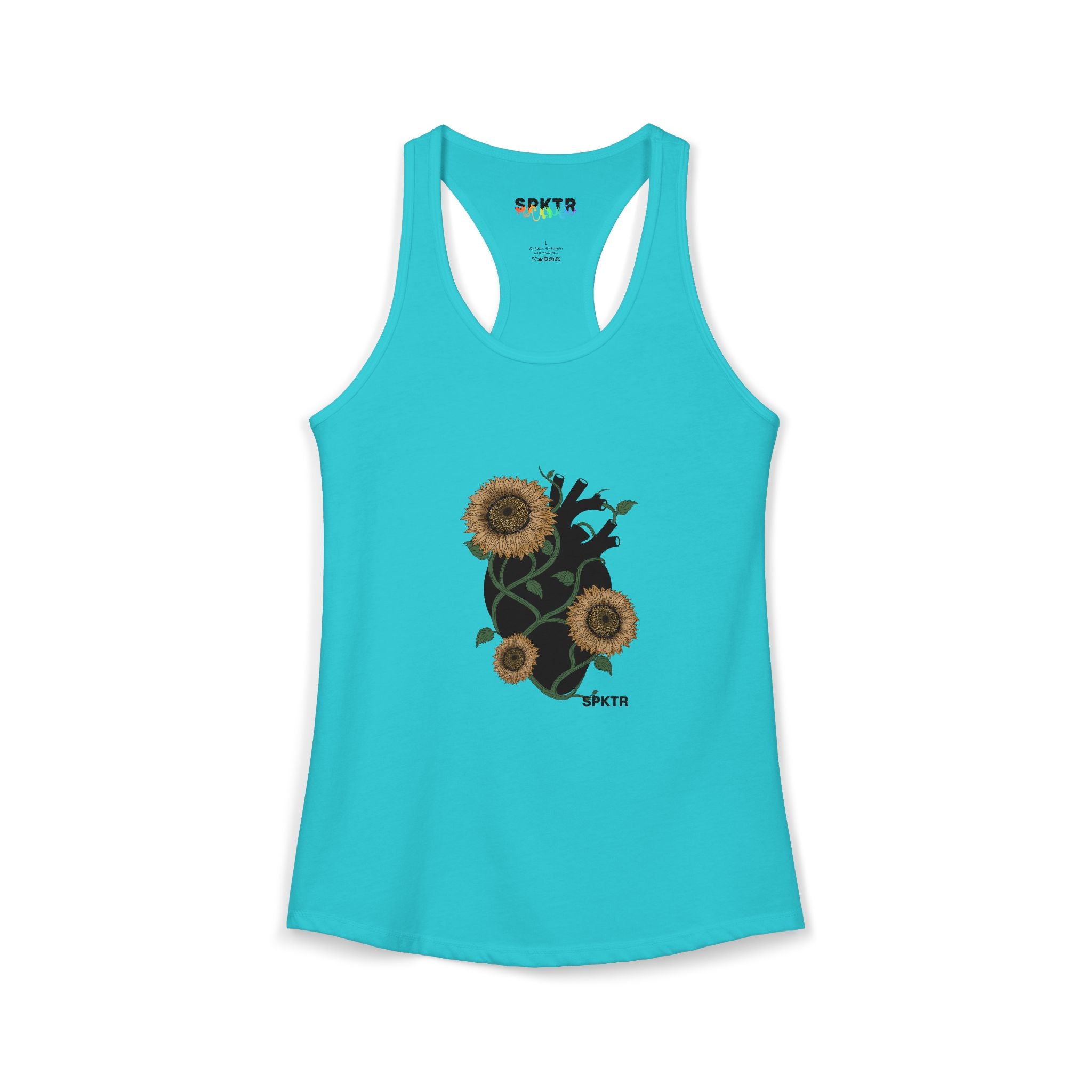 Solid Purple Rush women's racerback tank top featuring the Florescer sunflower-and-heart neurodiversity design.