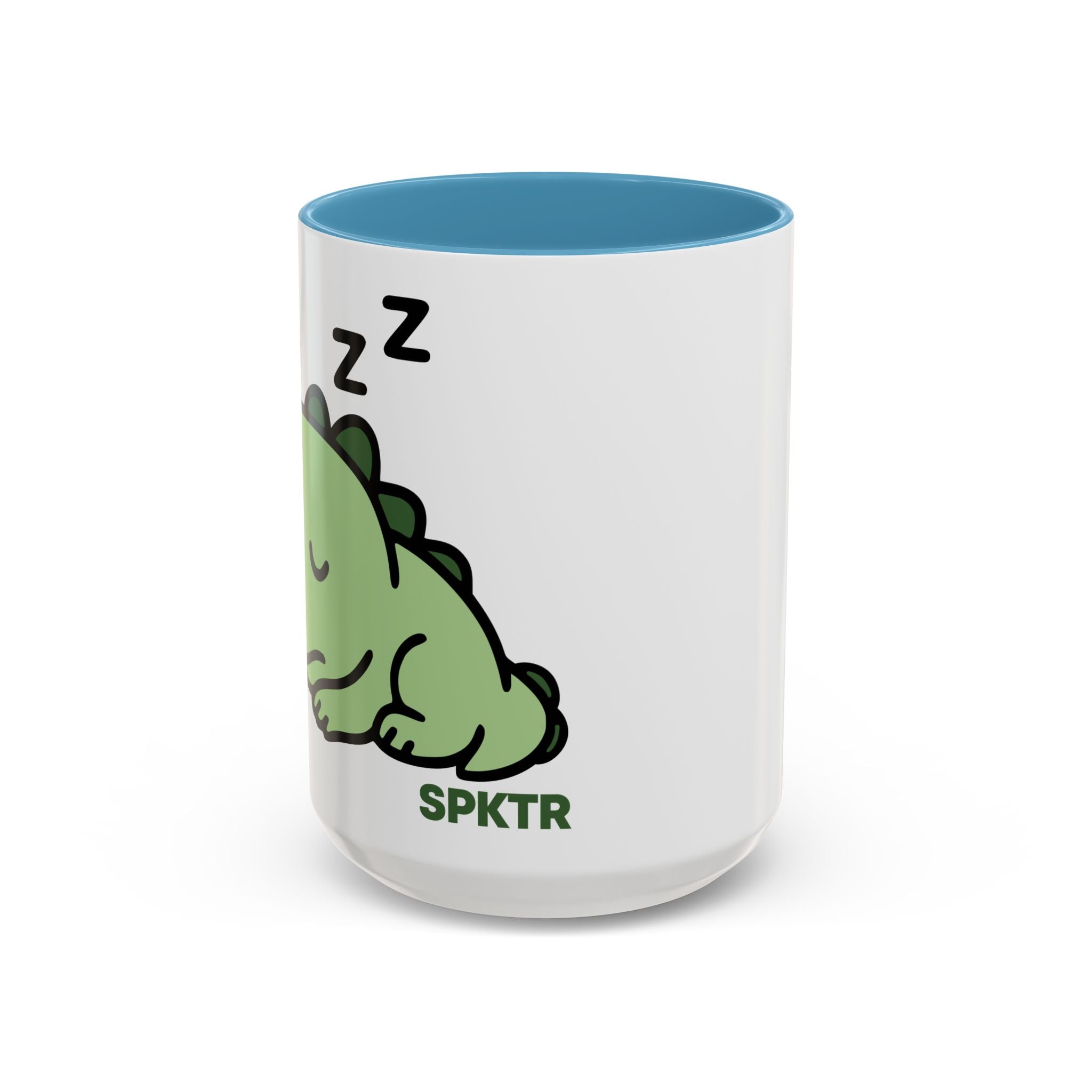 15 oz Black-accent accent coffee mug featuring Sleepy Teeny-Rex cute sleeping dinosaur illustration.