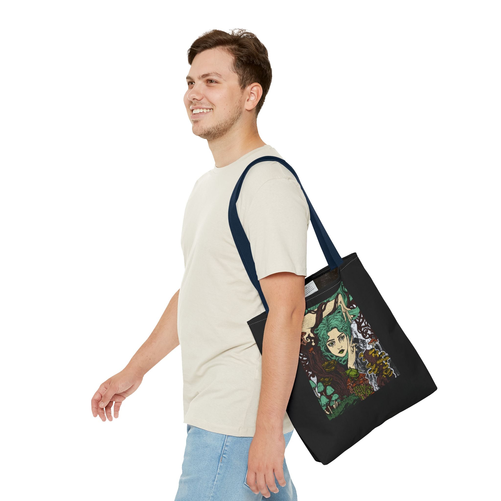18" x 18 in Navy-handle tote bag featuring Aquela que Germina na Morte dark-fantasy woman and woodland artwork by Anna Aguiar.