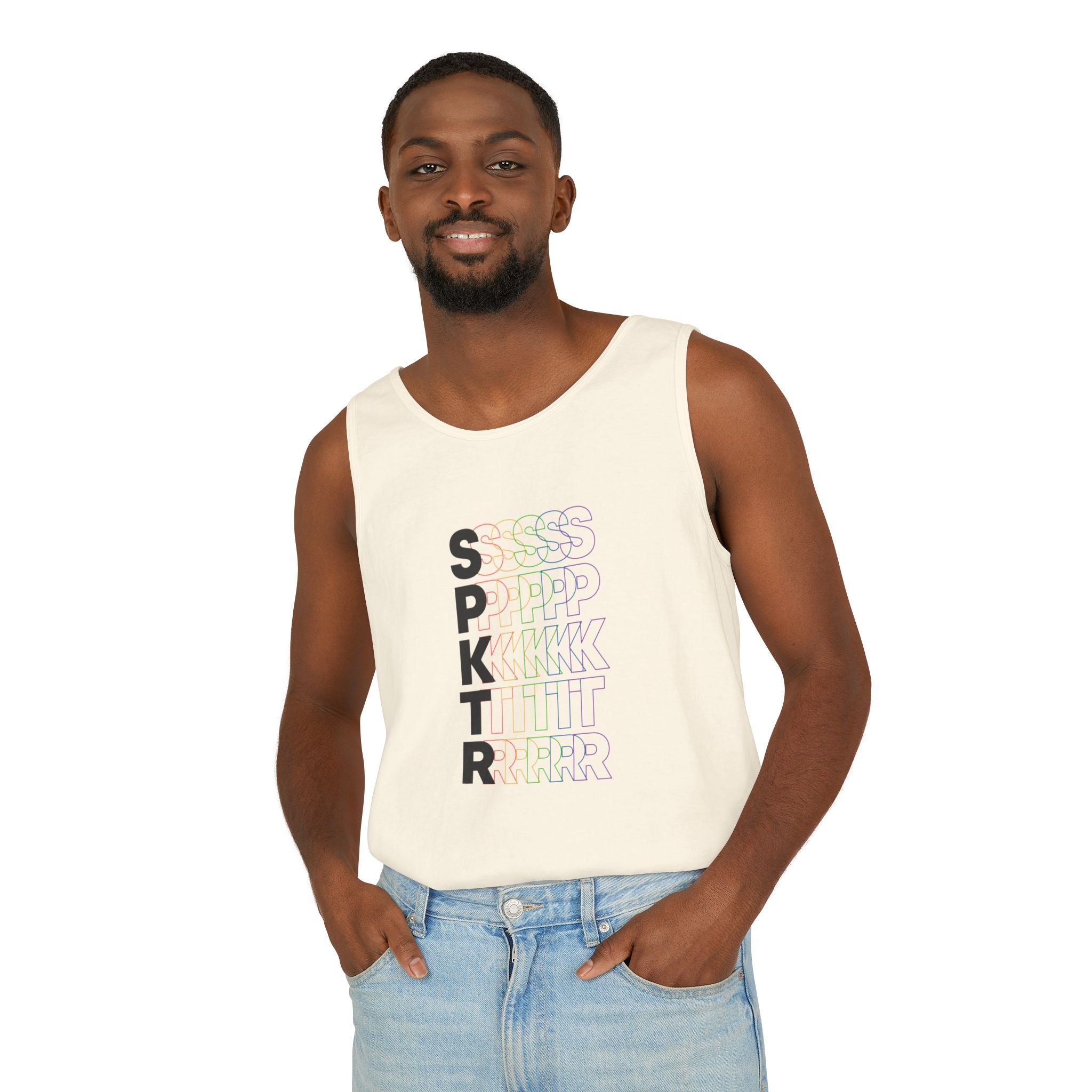 Lagoon Blue graphic tank top featuring the SPKTR Pride rainbow design celebrating neurodiversity and LGBTQIA+ pride.