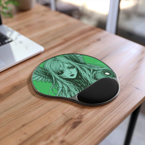 Gaming mouse pad featuring Angel Cyborg I green cybernetic angel artwork by Anna Aguiar.