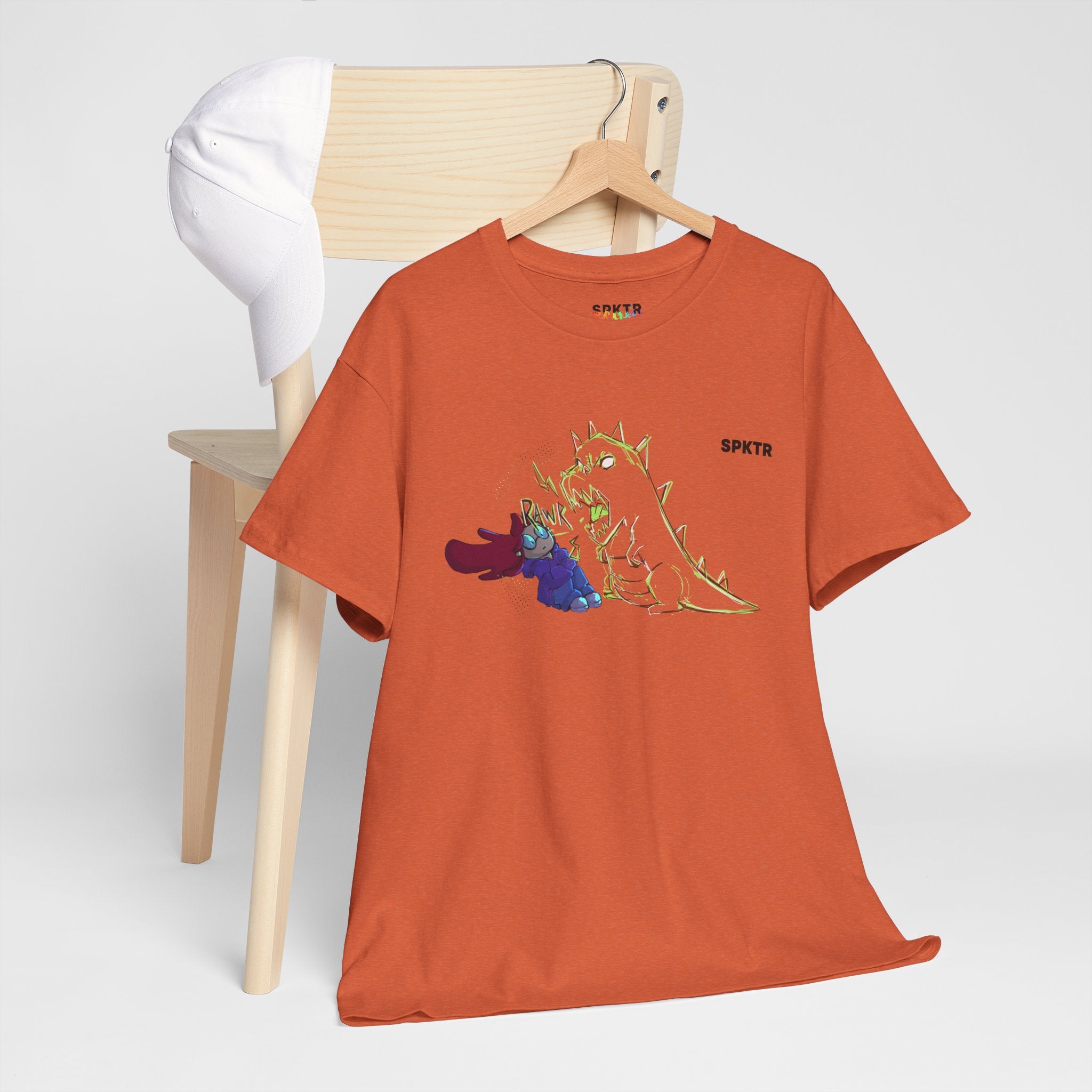 Graphite Heather T-shirt featuring RAWR! girl and roaring T-Rex artwork by Leticia Ribeiro.