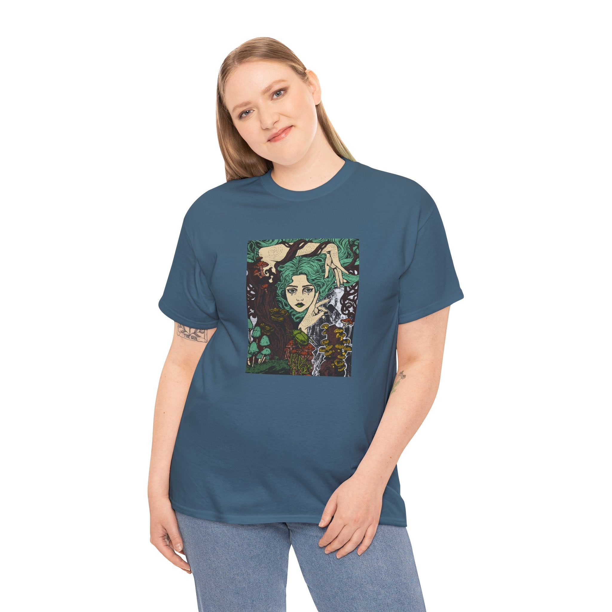 Violet T-shirt featuring Aquela que Germina na Morte dark-fantasy woman and woodland artwork by Anna Aguiar.