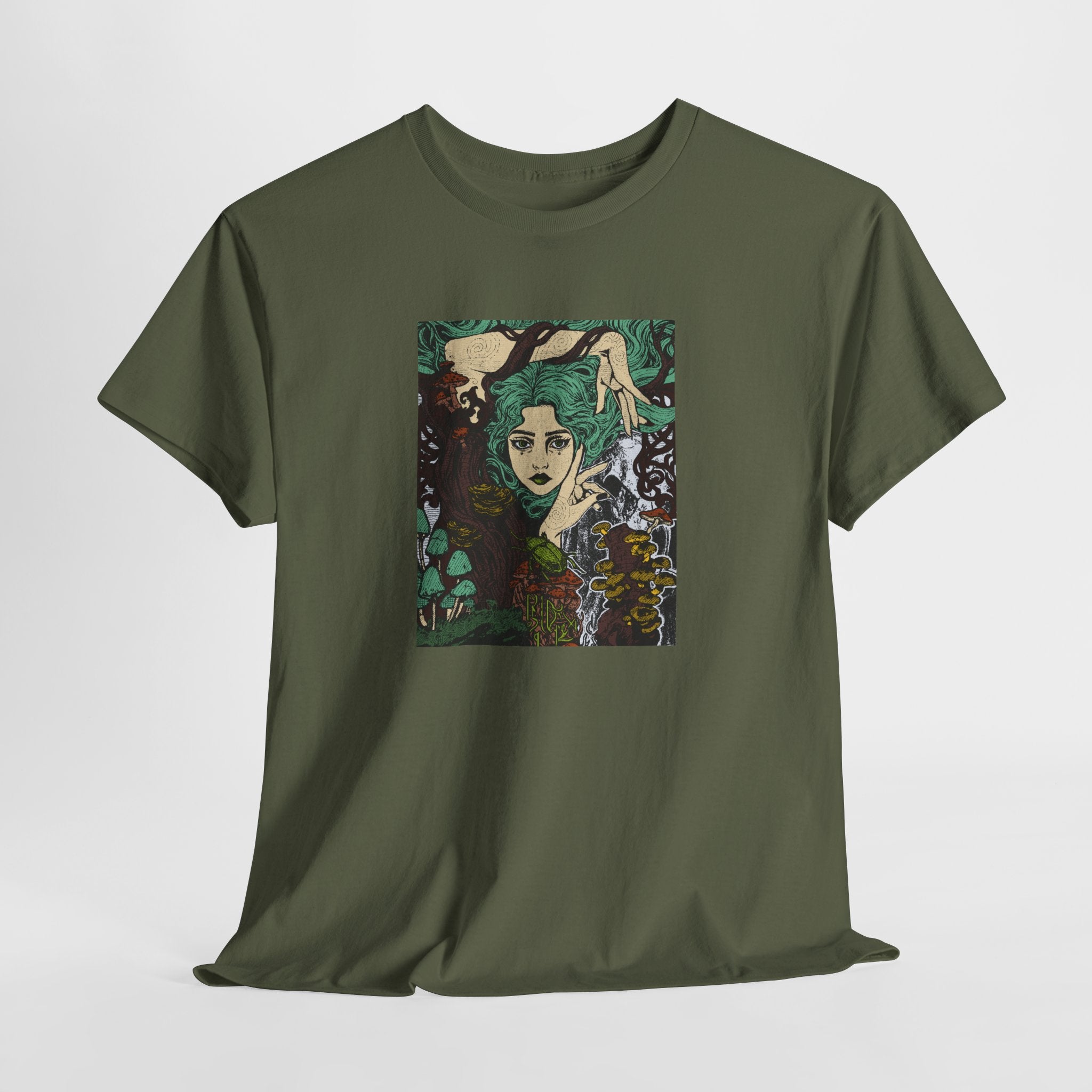 Antique Irish Green T-shirt featuring Aquela que Germina na Morte dark-fantasy woman and woodland artwork by Anna Aguiar.