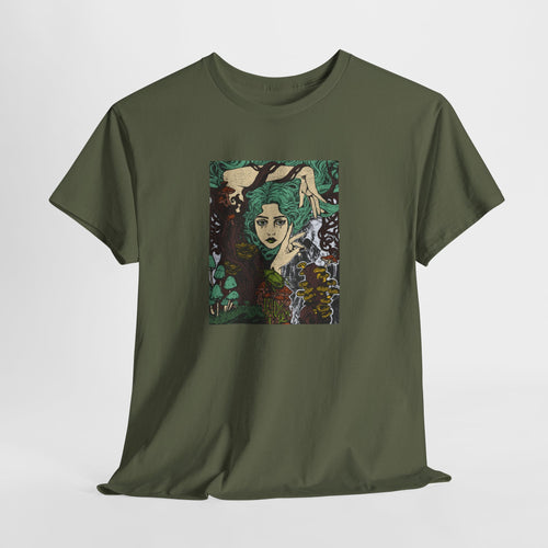 Antique Irish Green T-shirt featuring Aquela que Germina na Morte dark-fantasy woman and woodland artwork by Anna Aguiar.
