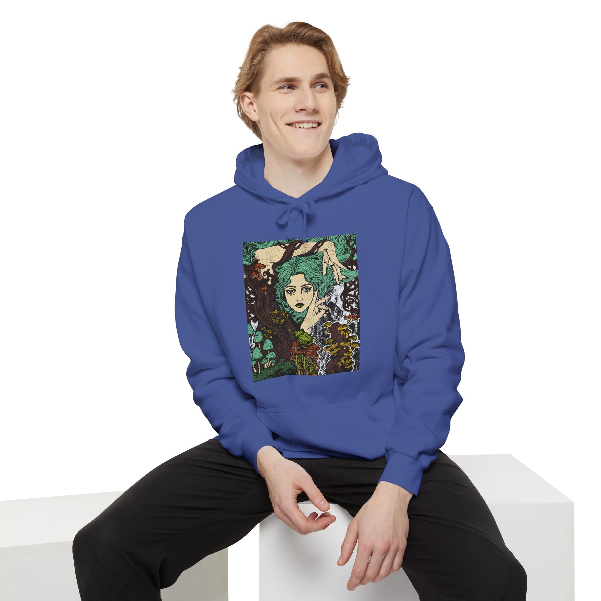 Seafoam sweatshirt featuring Aquela que Germina na Morte dark-fantasy woman and woodland artwork by Anna Aguiar.