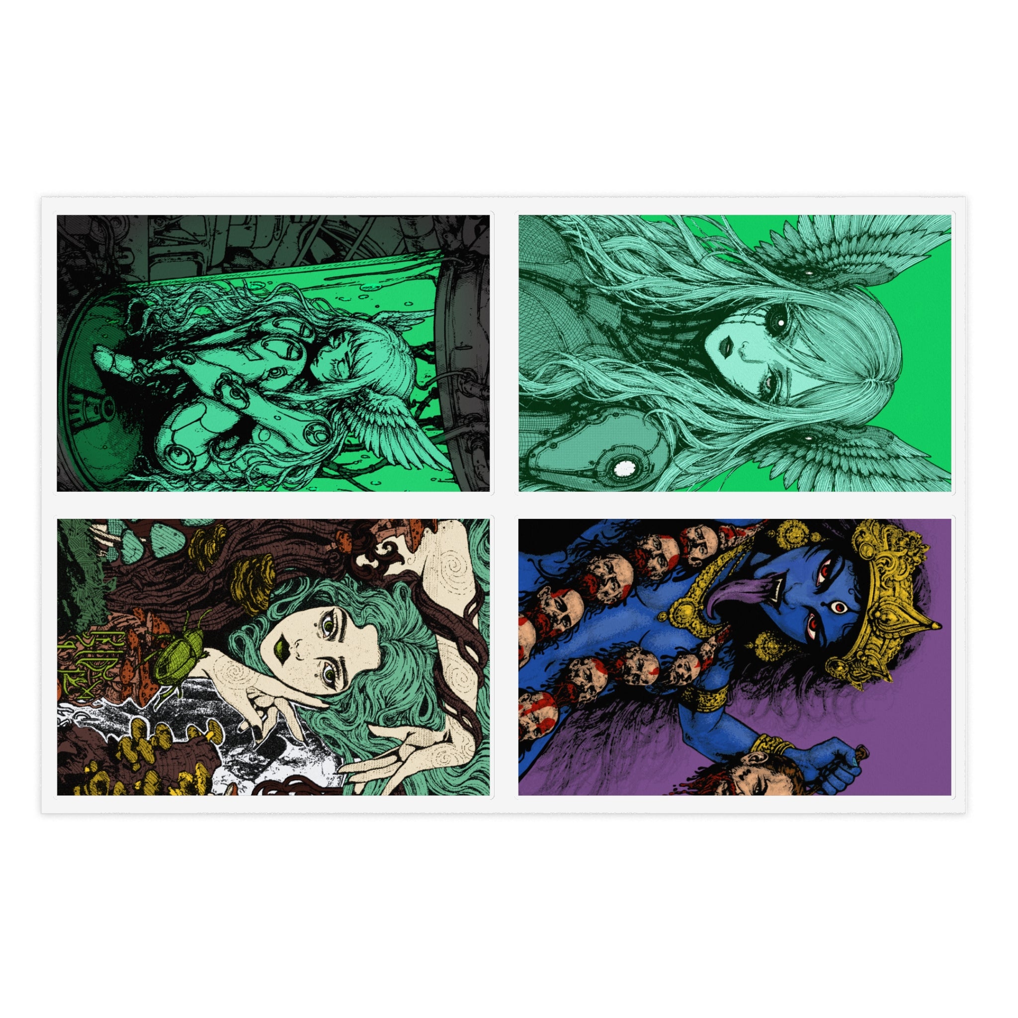 6" × 4" premium vinyl sticker sheet featuring Anna Aguiar dark-fantasy and cybernetic angel sticker collection.