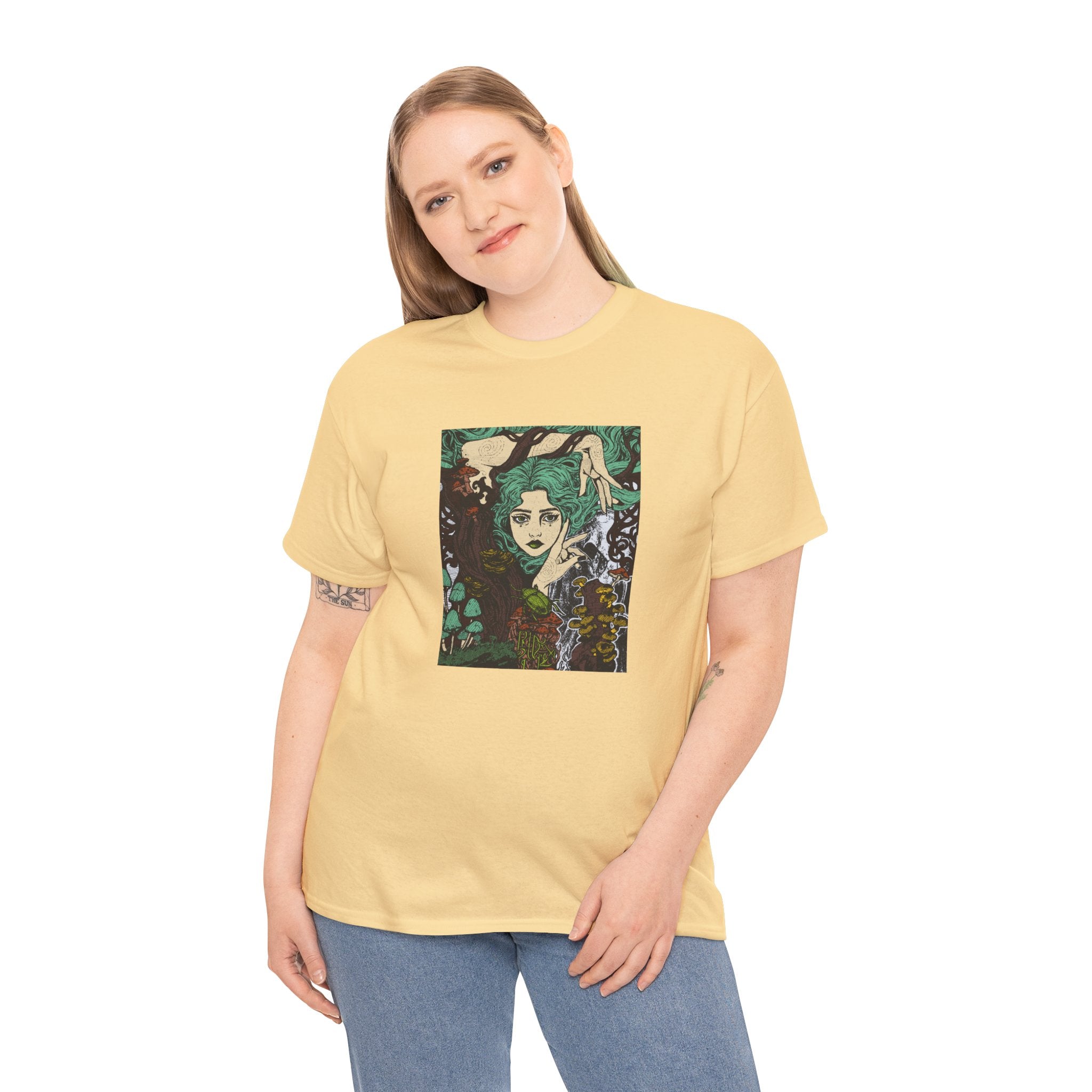 Graphite Heather T-shirt featuring Aquela que Germina na Morte dark-fantasy woman and woodland artwork by Anna Aguiar.
