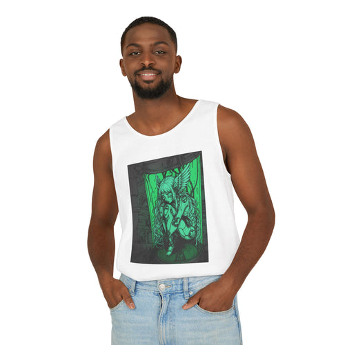 Island Reef graphic tank top featuring Angel Cyborg I green cybernetic angel artwork by Anna Aguiar.