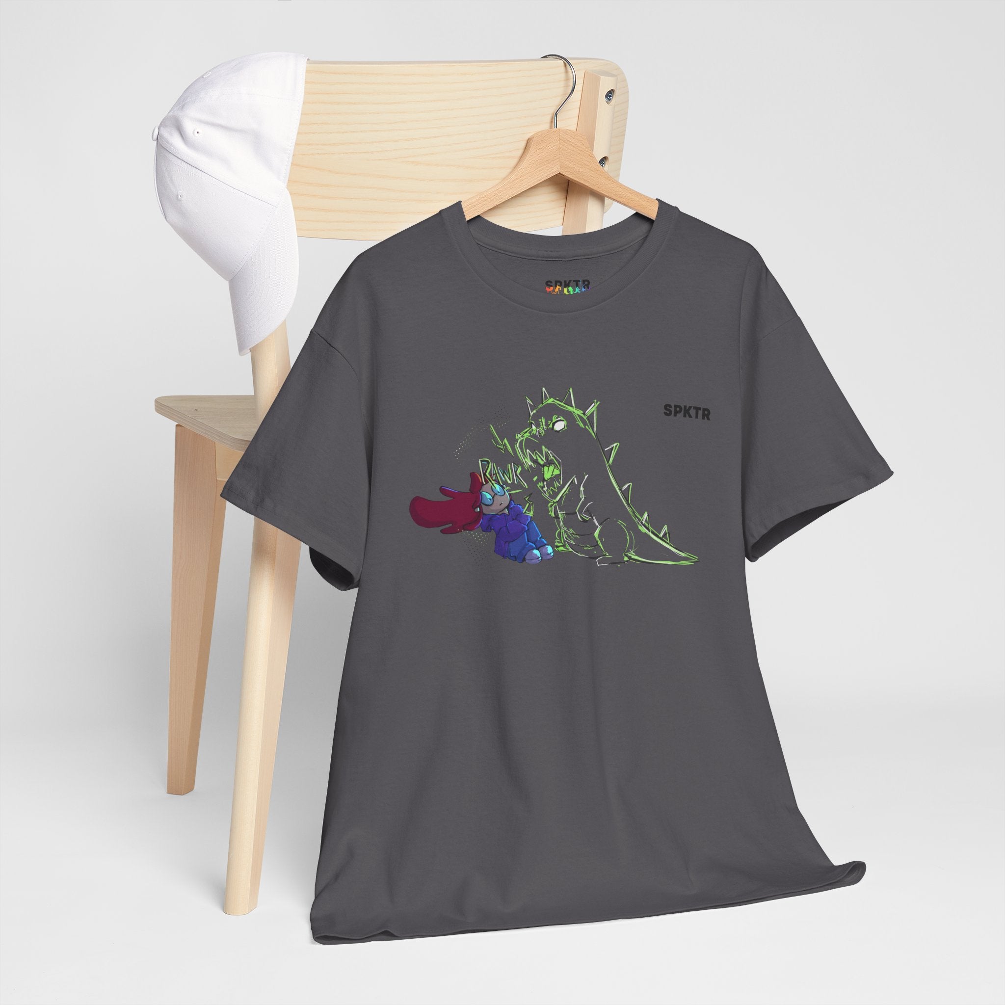 Coral Silk T-shirt featuring RAWR! girl and roaring T-Rex artwork by Leticia Ribeiro.