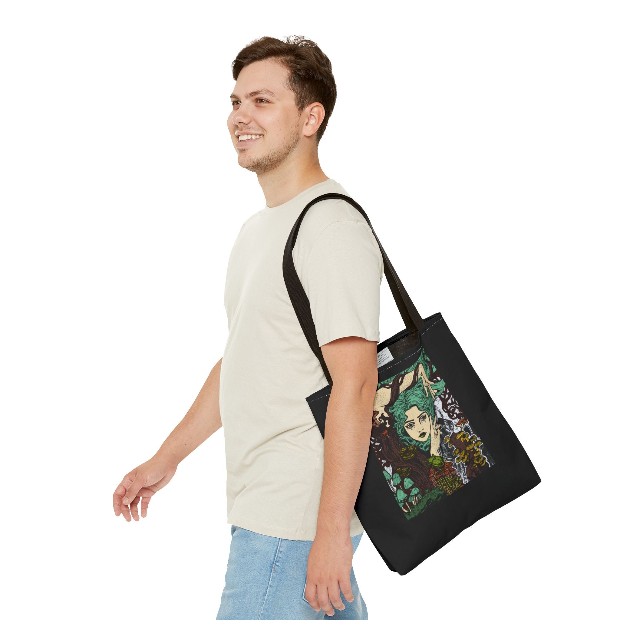 18" x 18 in Black-handle tote bag featuring Aquela que Germina na Morte dark-fantasy woman and woodland artwork by Anna Aguiar.