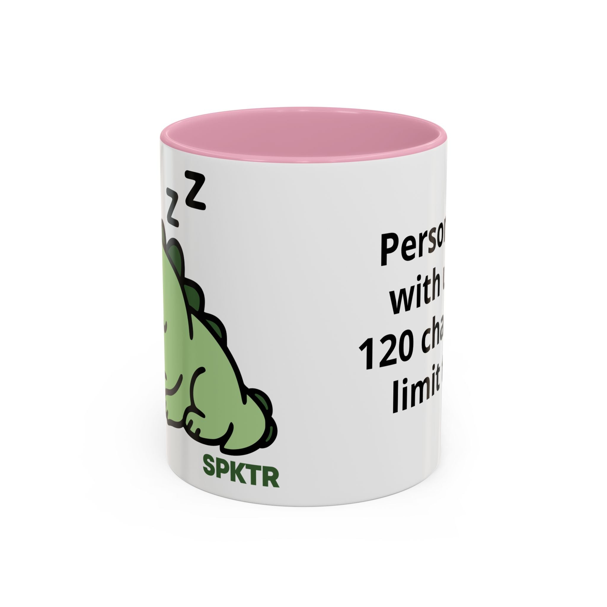 11 oz Pink-accent personalized accent coffee mug featuring Sleepy Teeny-Rex cute sleeping dinosaur illustration.