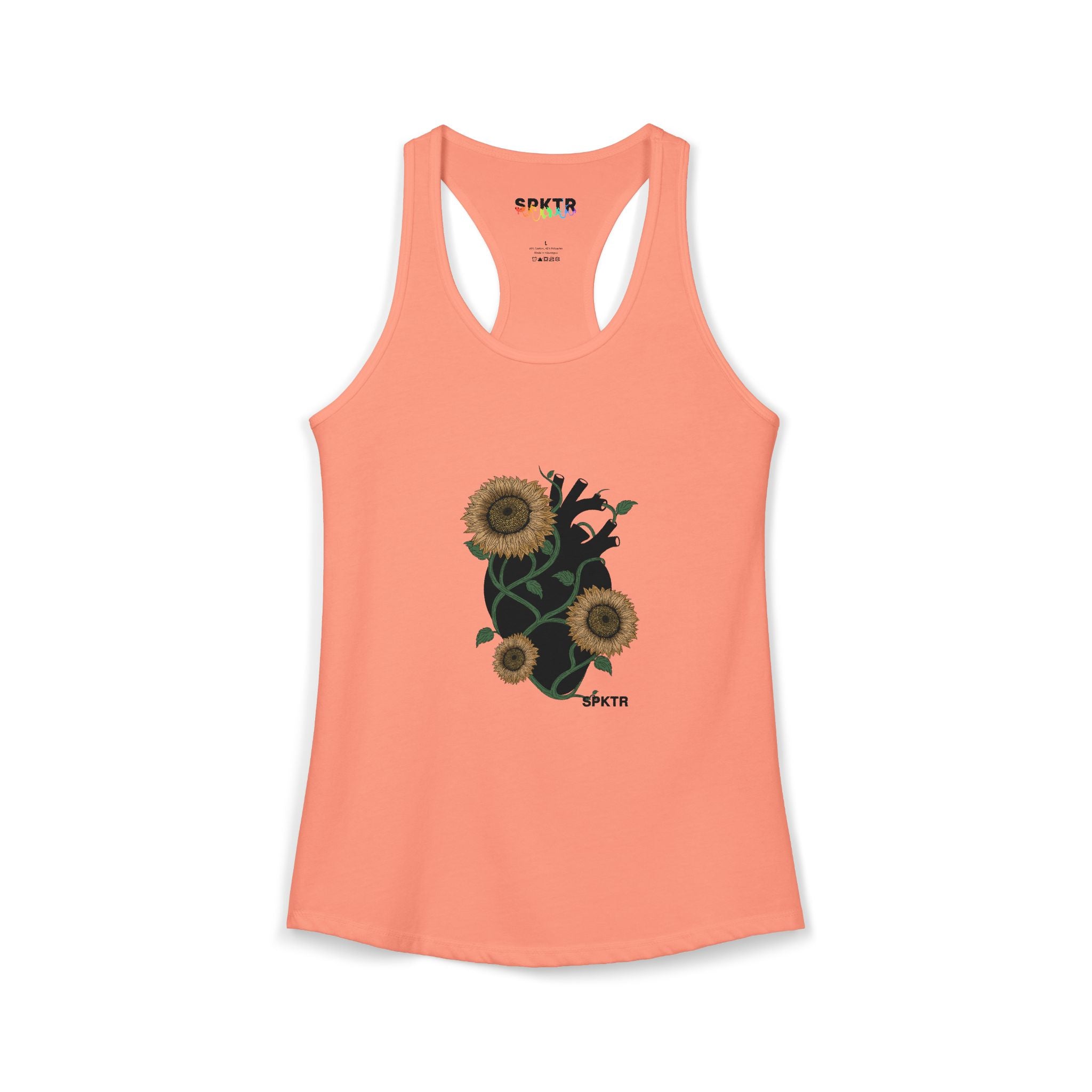 Solid Black women's racerback tank top featuring the Florescer sunflower-and-heart neurodiversity design.