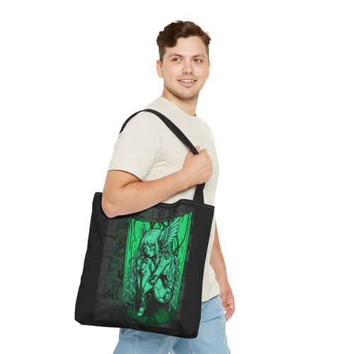 13" x 13 in Black-handle tote bag featuring Angel Cyborg I green cybernetic angel artwork by Anna Aguiar.