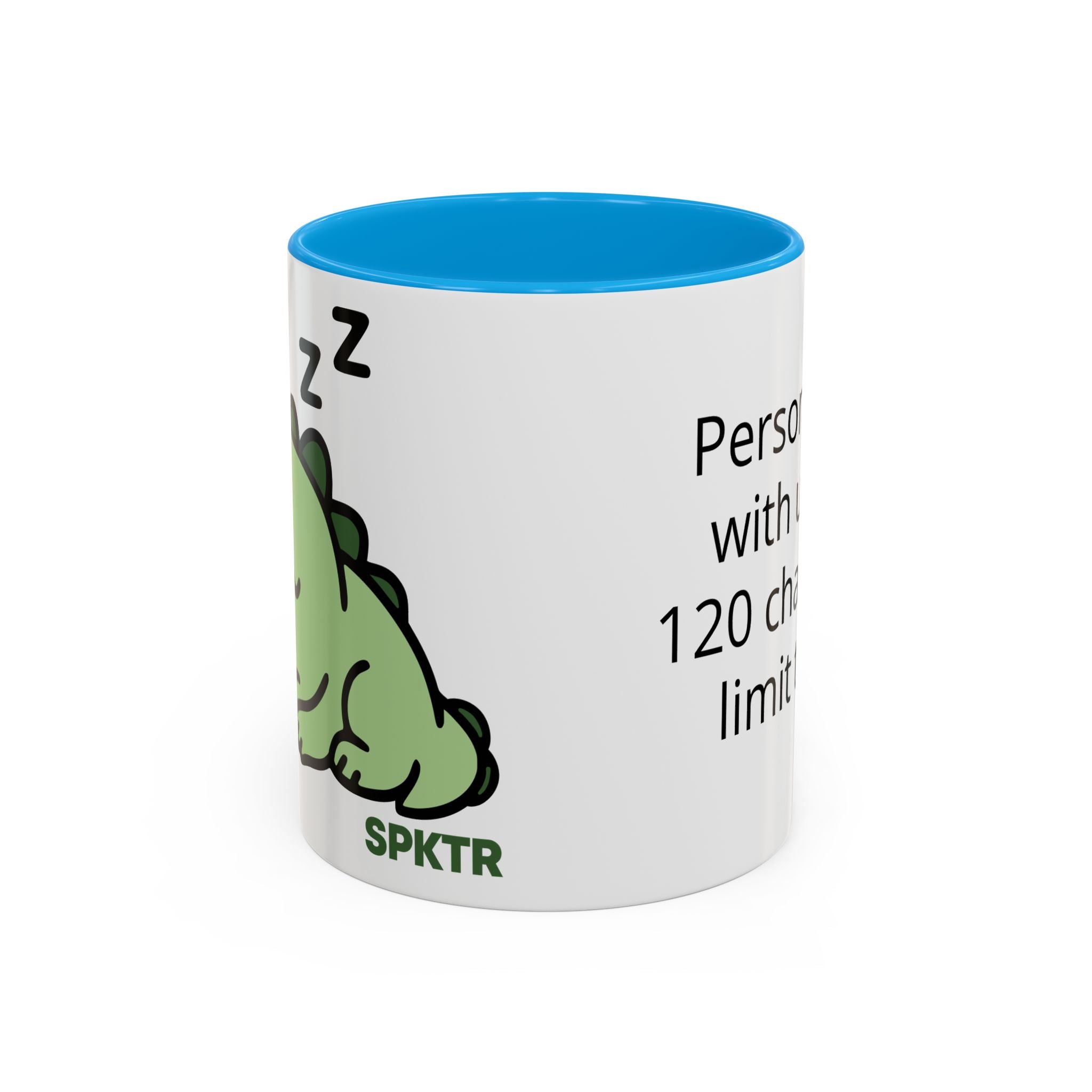 11 oz Light Green-accent personalized accent coffee mug featuring Sleepy Teeny-Rex cute sleeping dinosaur illustration.