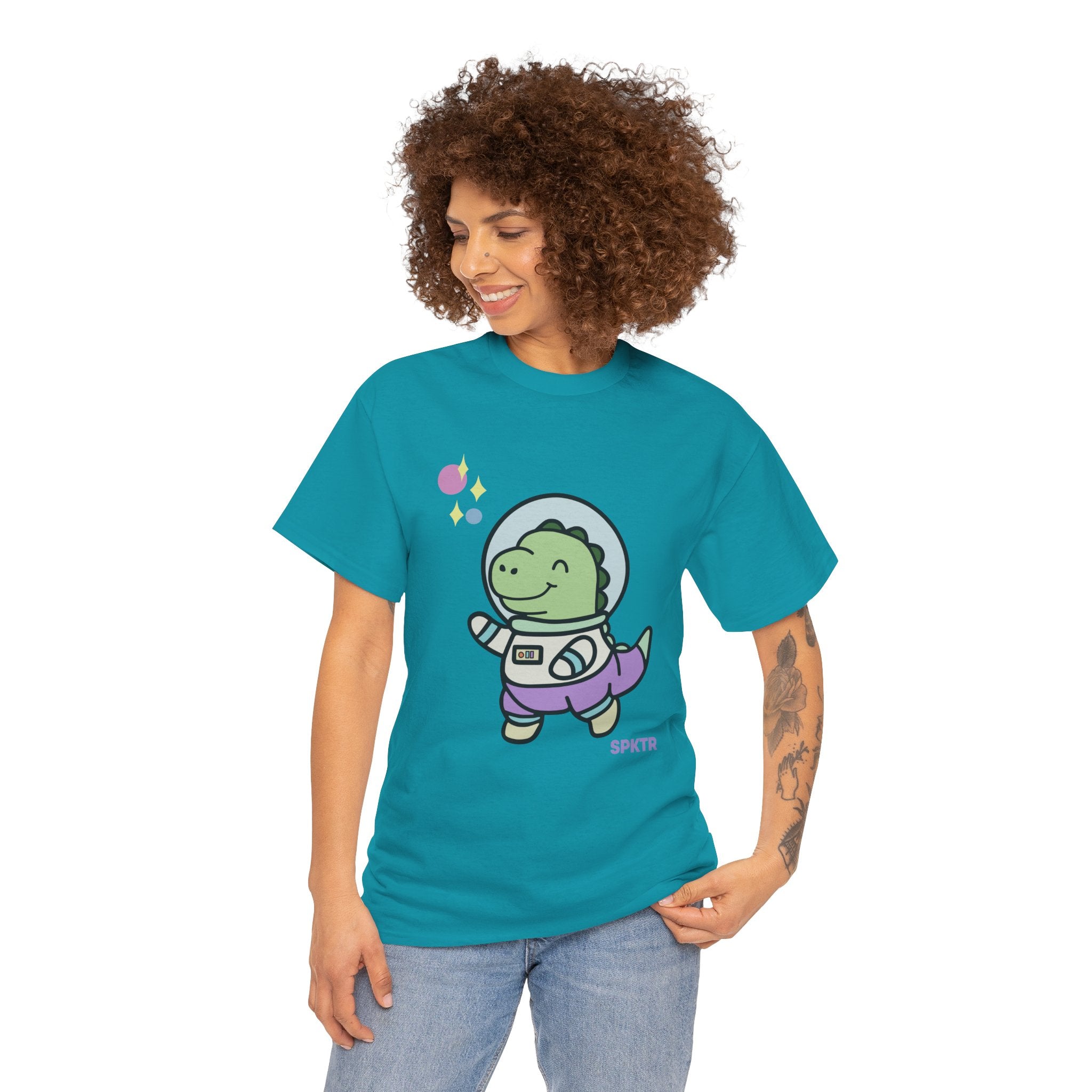 Berry T-shirt featuring Astronauta, a smiling Teeny-Rex dinosaur floating through space.