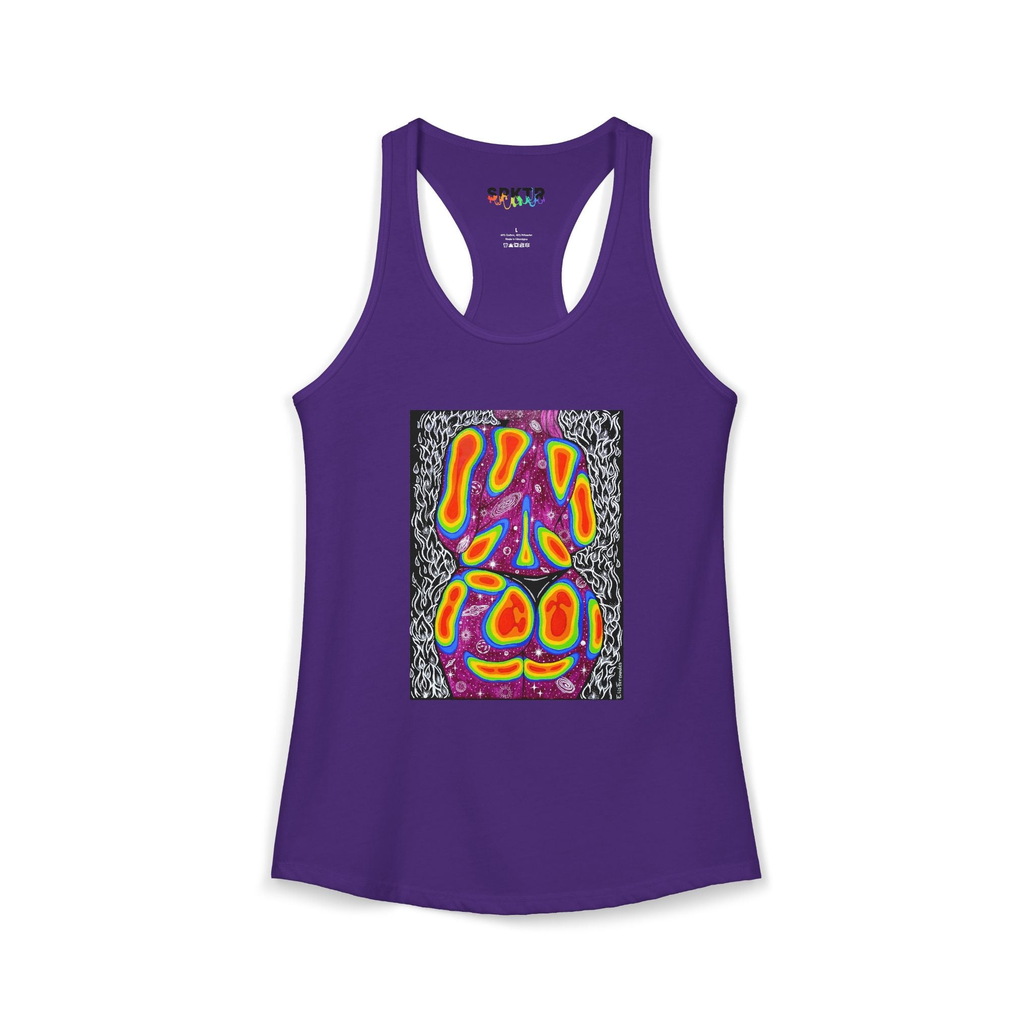 Solid White women's racerback tank top featuring Mulher, Um Universo cosmic portrait artwork by Elis Fernandes.