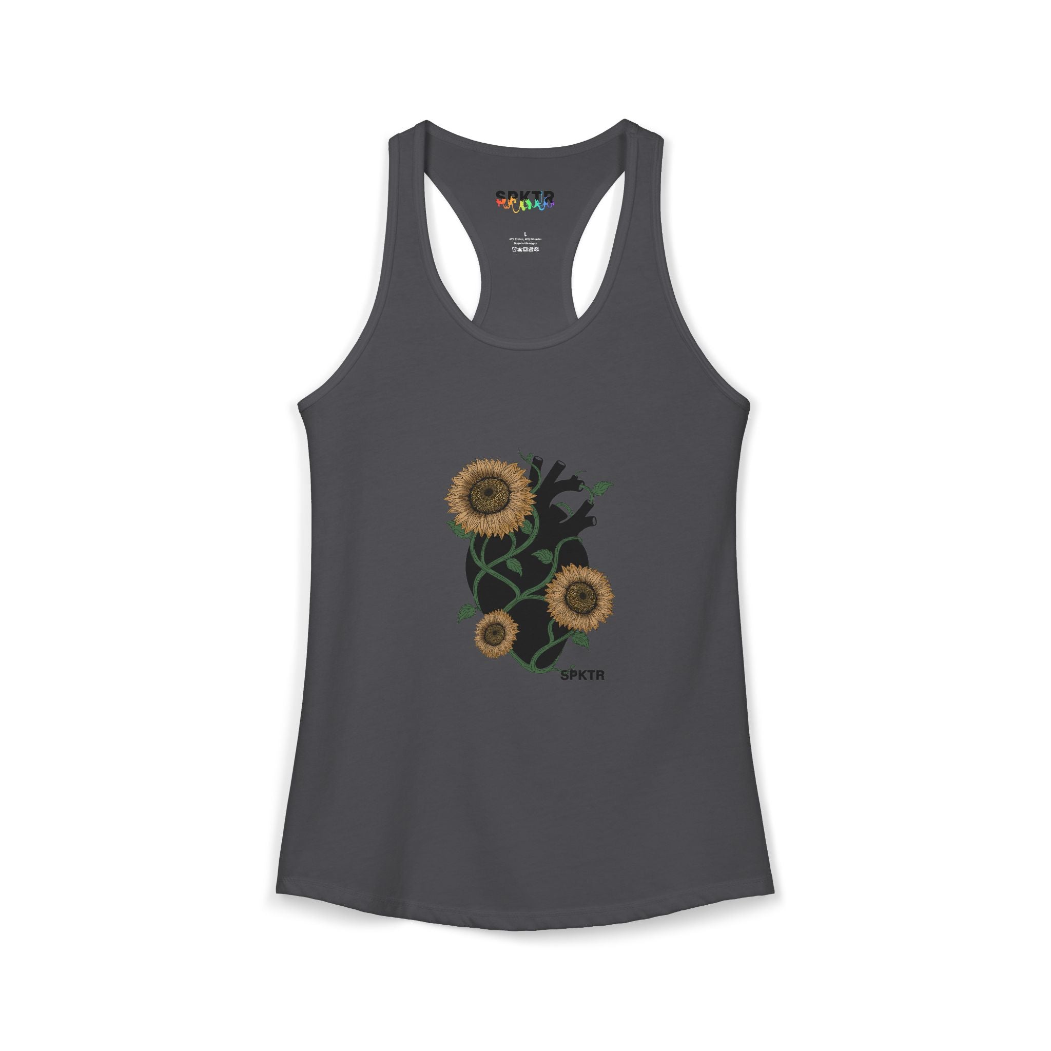 Solid Tahiti Blue women's racerback tank top featuring the Florescer sunflower-and-heart neurodiversity design.