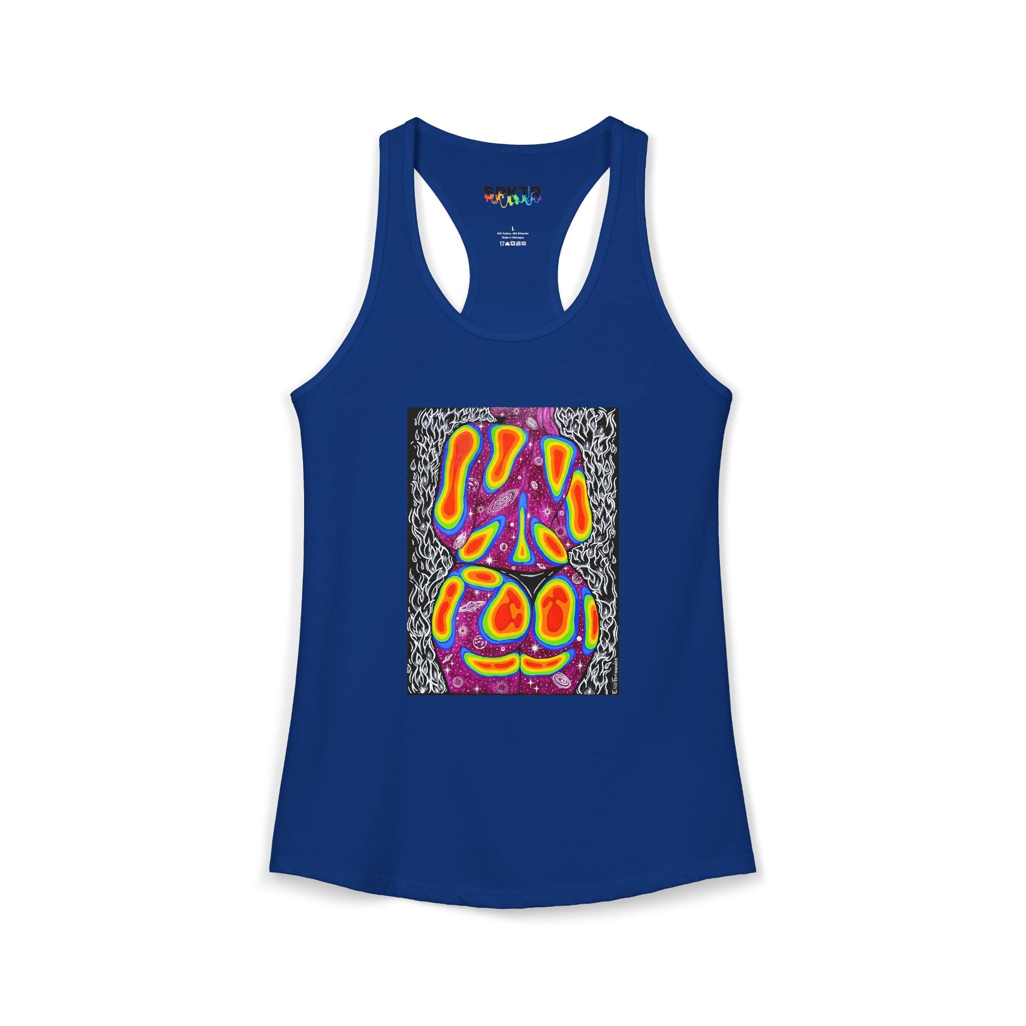 Solid Royal women's racerback tank top featuring Mulher, Um Universo cosmic portrait artwork by Elis Fernandes.