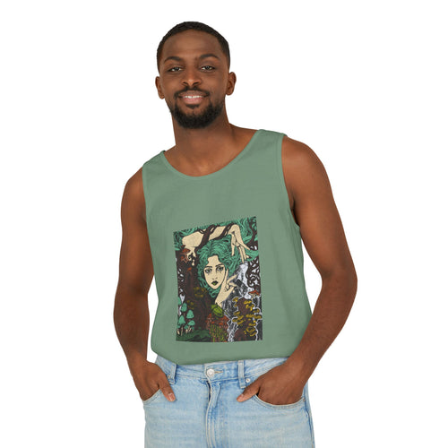 Island Reef graphic tank top featuring Aquela que Germina na Morte dark-fantasy woman and woodland artwork by Anna Aguiar.